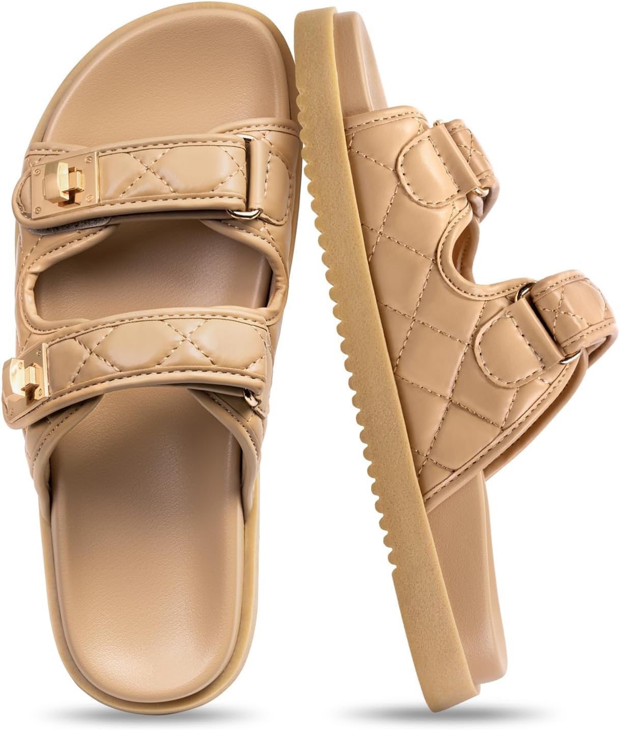 FITORY Women's Flat Sandals Classic Adjustable Double Strap with Cushioned Footbed for Summer Size 6-11