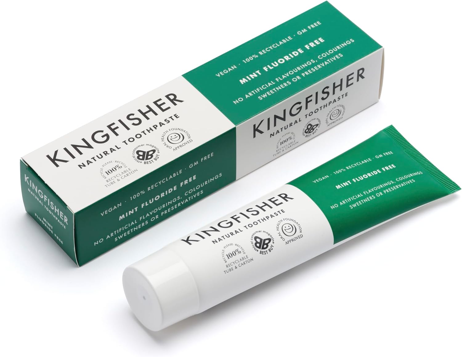 Kingfisher Natural Toothpaste Mint Fluoride-Free | Suitable for Vegetarians & Vegans | Gluten-Free & GM-Free | Ethical Consumer Best Buy | 1 x 100ml Tube