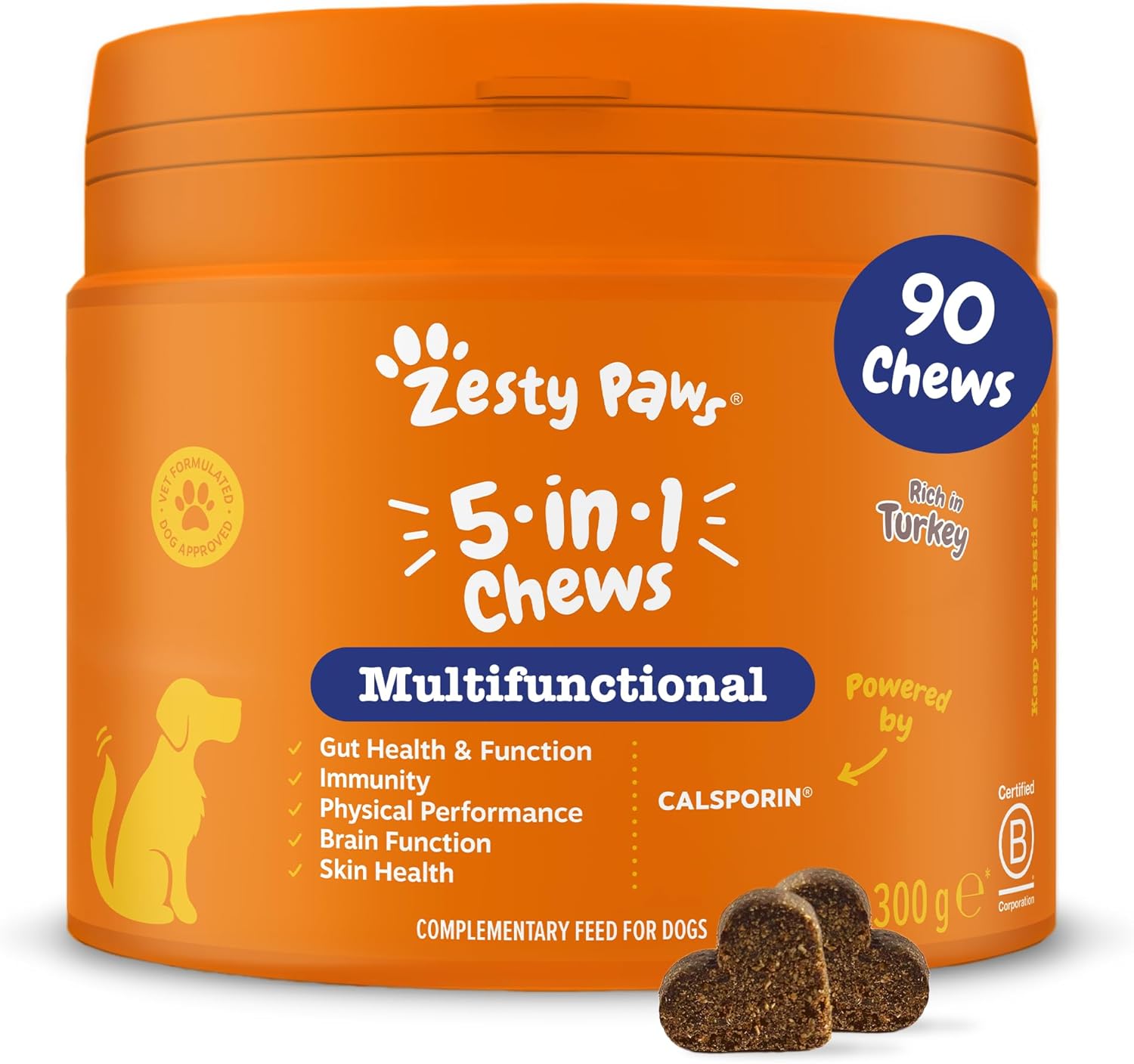 Zesty Paws 5-in-1 Chews | Multivitamins Dog Chews | Maintain Gut, Skin & Immune Health | Support Physical Performance | Vitamins A, B3, B5 | Niacinamide | Biotin | Rich in Turkey | 90 Pcs