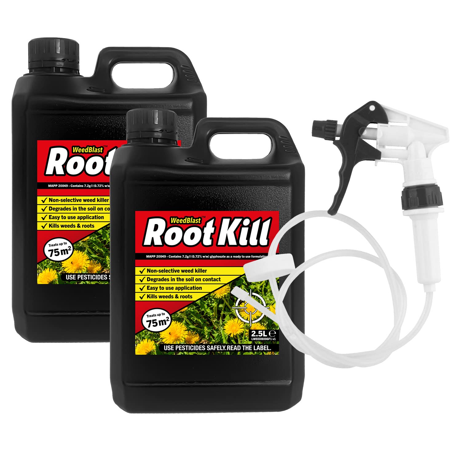 Weedblast Rootkill Weedkiller 2 x 2.5 Litre, Glyphosate Weed Killer, Long Hose Trigger