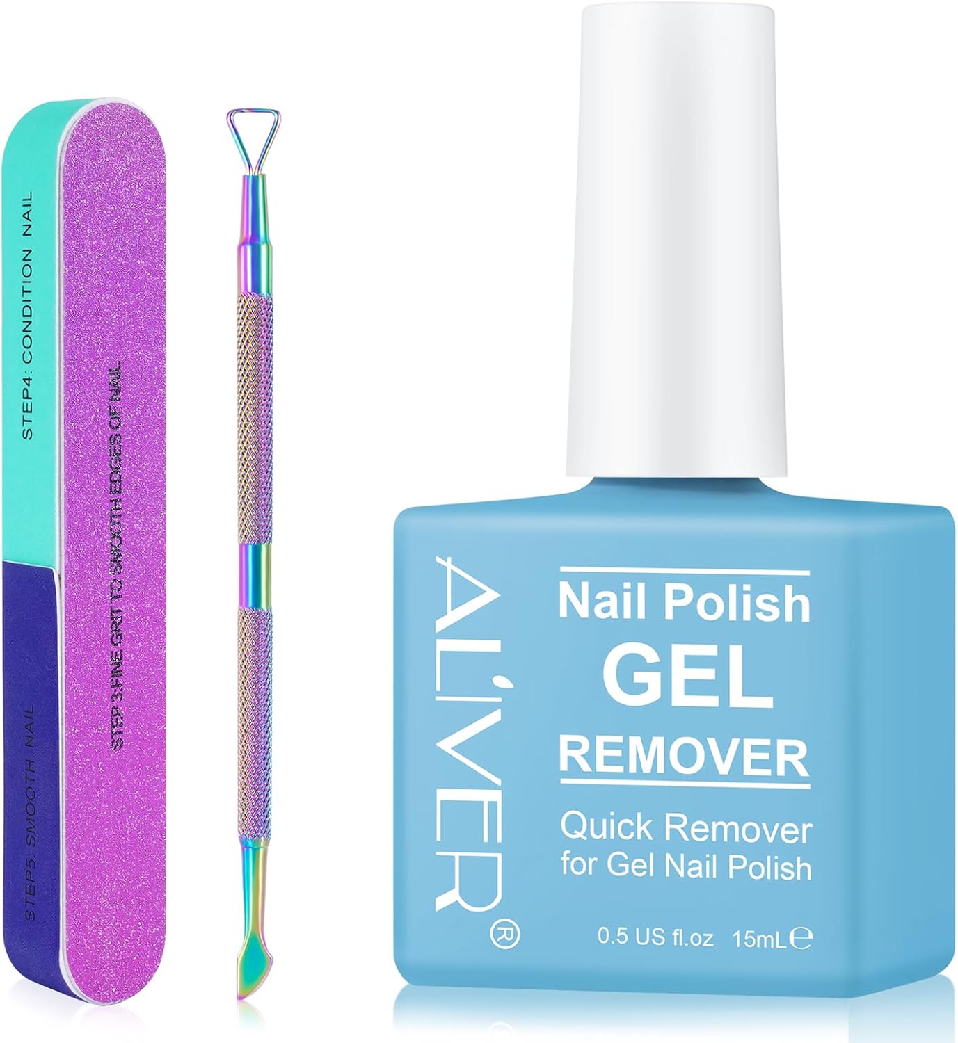 PLOBRT Gel Nail Polish Remover - Quick & Easy Remove in 3-5 Mins, With Polish Scraper and Nail File, No Damage To Nails, Blue
