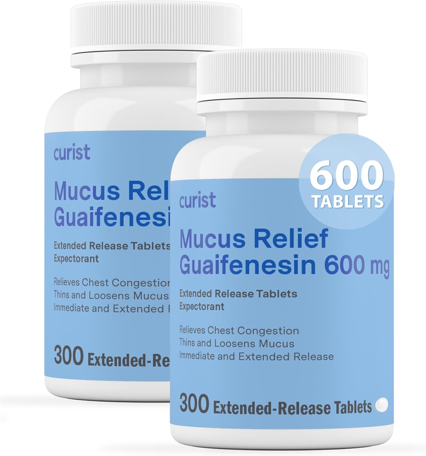 Curist Guaifenesin 600 mg Extended Release Tablets (600 Dye-Free Tablets) - Expectorant Mucus Relief, Generic Guaifenesin 600 mg, (Bulk 2 Pack of 300 Tabs - 600 Count Total)