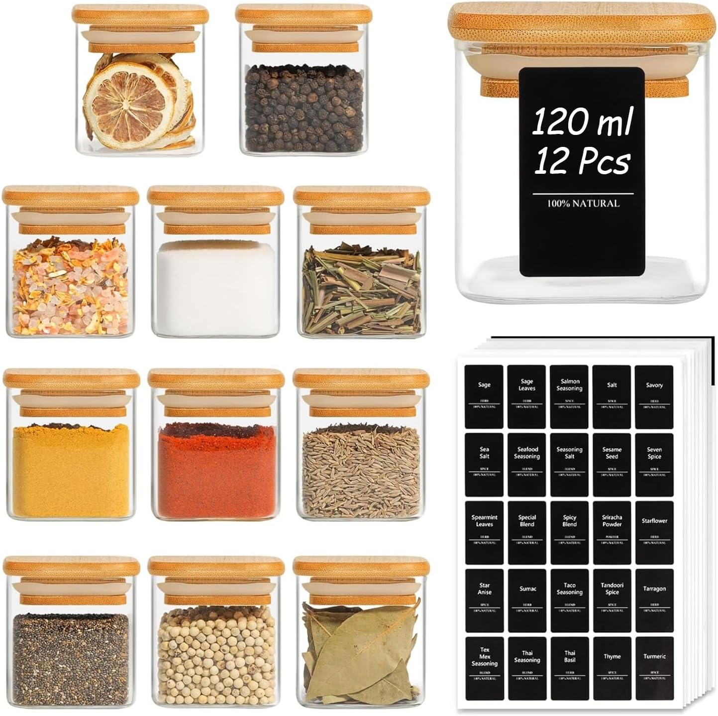ComSaf 12 Pcs Glass Spice Jars with Bamboo Lids, 120ml Square Glass Storage Jars with Black Lables, Airtight Seasoning Jars with Lids, Small Container for Spice, Salt, Sugar, Seeds, Nuts etc