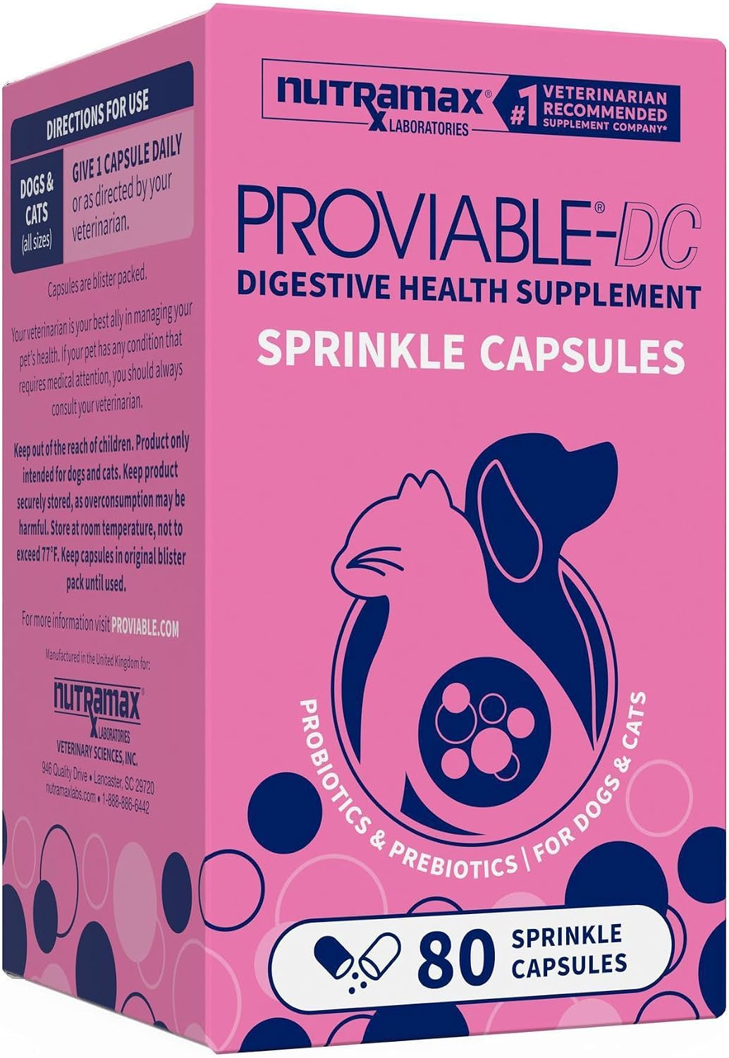 Nutramax Proviable Probiotics + Prebiotics, for Dogs & Cats, Capsules, 80ct
