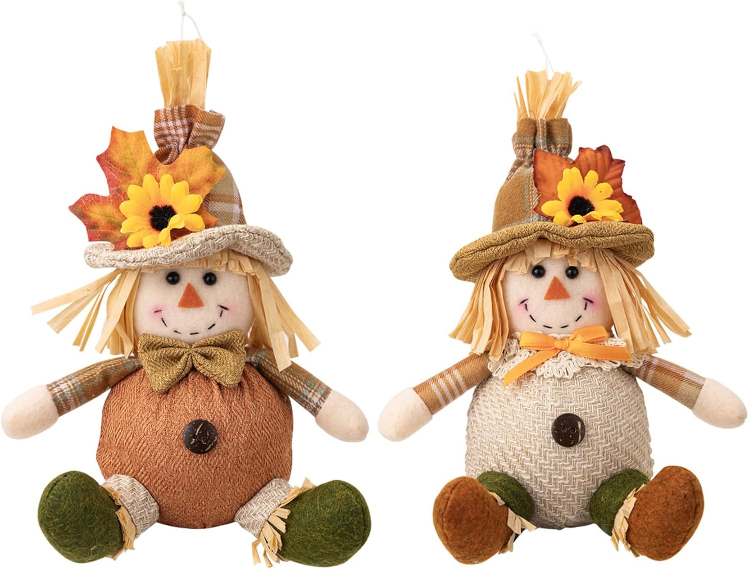 BEAHING Scarecrows, Scarecrow Decor, 2PCS Cute Boys and Girls Sitting Scarecrow Doll, Hanging Fall Figurines for Thanksgiving Harvest Tiered Tray Shelf Table Fireplace, Sitting Scarecrow