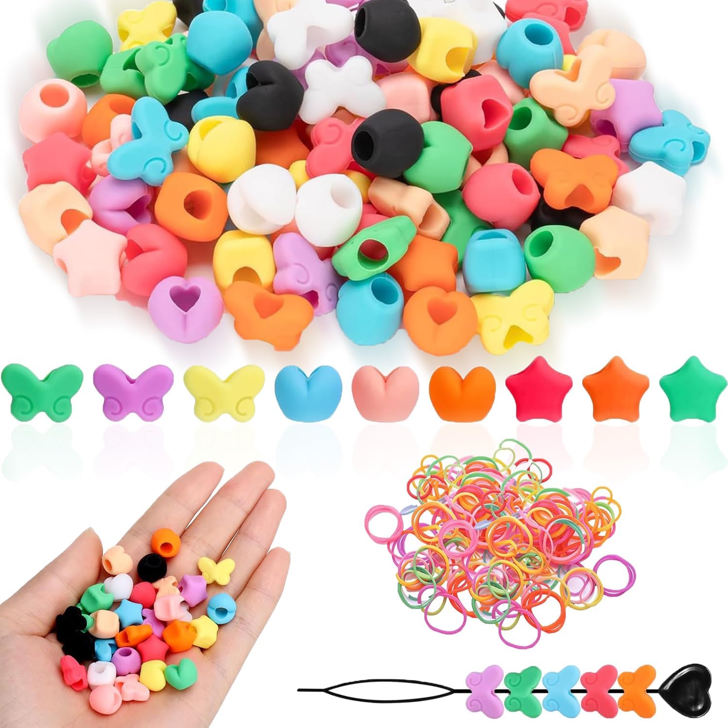 90pcs Silicone Beads for Hair, Colorful Rainbow Soft Rubber Hair Bead for Kids Girls, Pony Beads Bulk for Women Hair Accessories for Braids - 3 Shapes