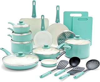 GreenLife Soft Grip Healthy Ceramic Nonstick 23 Piece Kitchen Cookware Pots and Frying Sauce Saute Pans Set with Kitchen Utensils, PFAS-Free, Dishwasher Safe, Turquoise