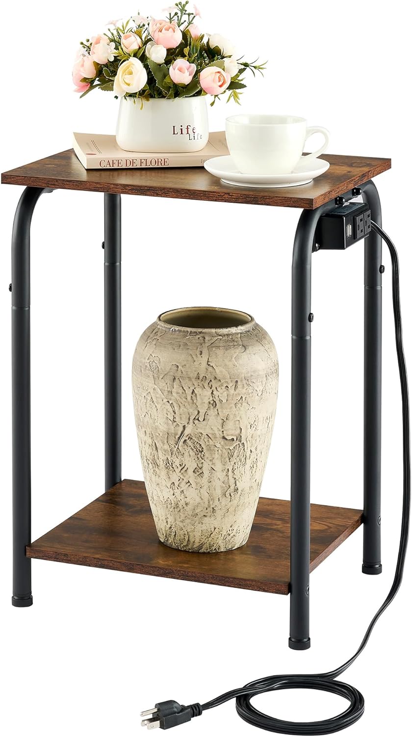 Tajsoon 2 Tier Small End Table with Charging Station, Small Side Table with Power Outlets & USB Ports, Sofa Table, Bedside Table, Small Table for Small Spaces, Living Room, Bedroom, Rustic Brown