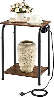 Tajsoon 2 Tier Small End Table with Charging Station, Small Side Table with Power Outlets & USB Ports, Sofa Table, Bedside Table, Small Table for Small Spaces， Living Room, Bedroom, Rustic Brown