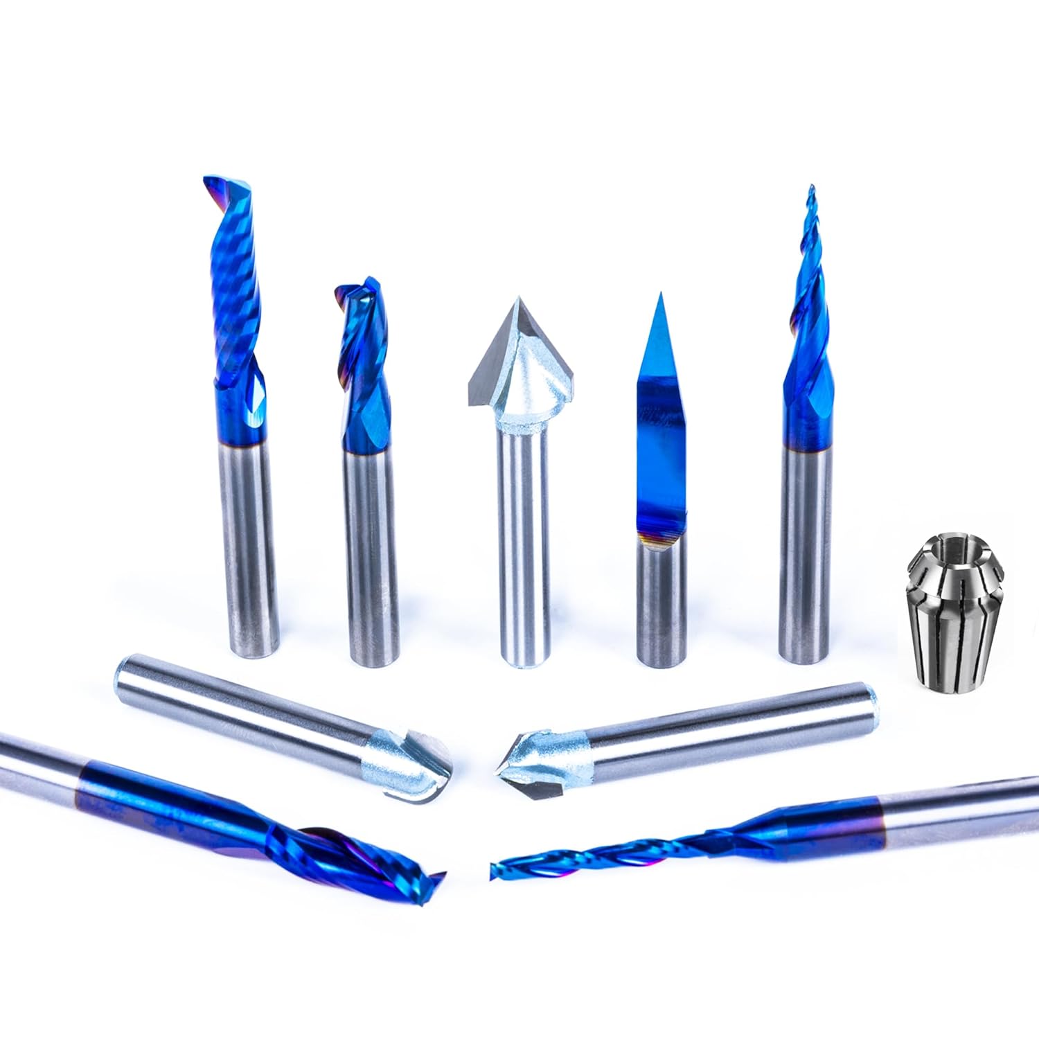 FoxAlien 1/4" Shank CNC Router Bits Set for Relief Carving Includes 1/4" ER11 Collet, V-Groove Bits, Spiral End Mills, Tapered Bit for Woodworking Lettering Sign Making (10-in-1)