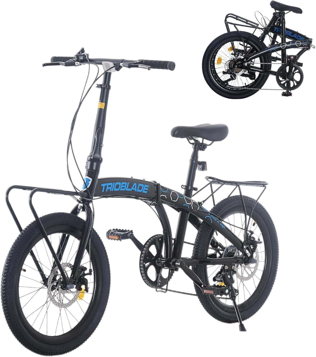 Folding Bike, 20Inch Bike with 2 Rack Foldable Bicycle 7 Speed Shimano Drivetrain Road Bike Disc Brake City Bike Lightweight Portable Bike for Ladies Men Teenager