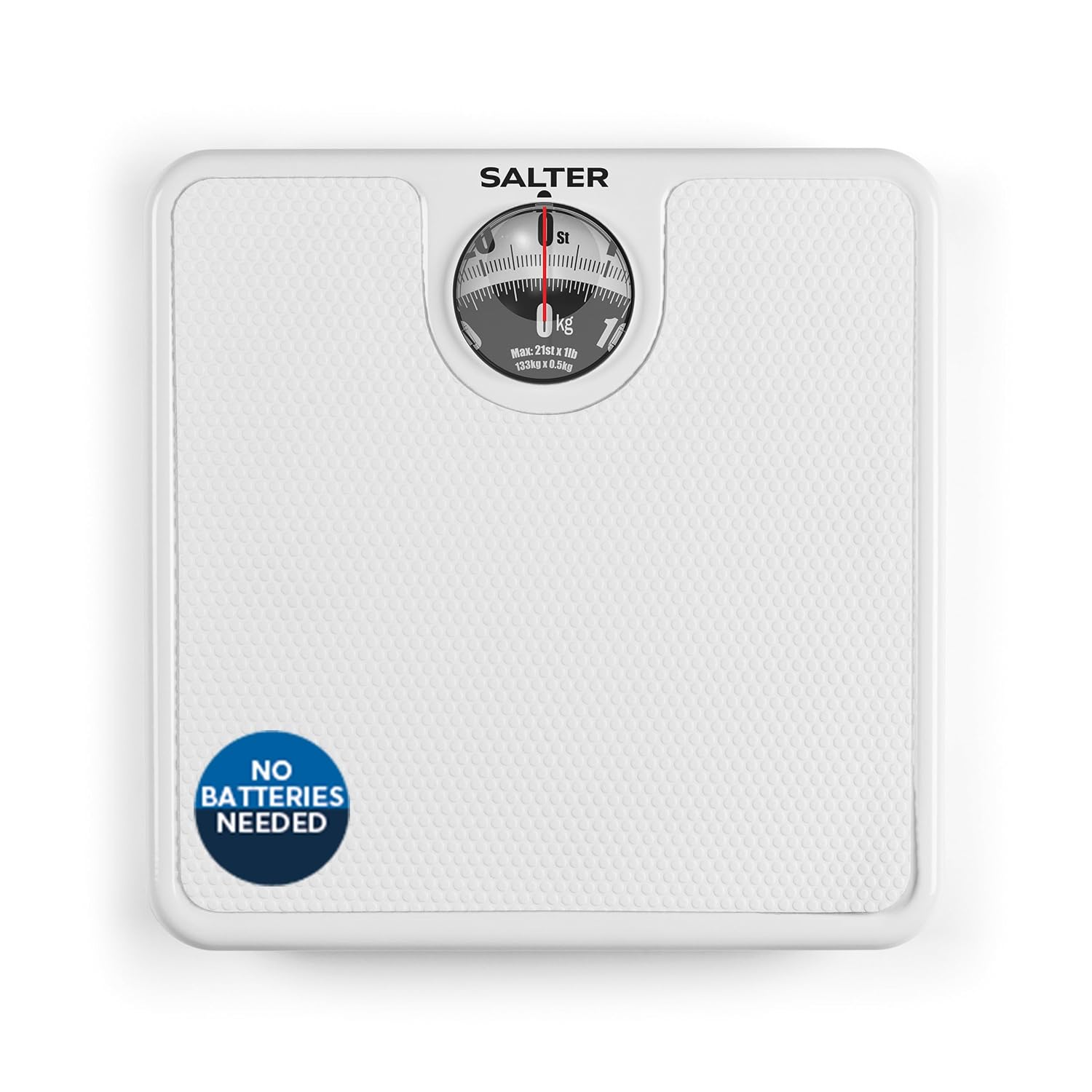 Salter Mechanical Bathroom Scale – Analogue Body Weighing Scale, Classic Fitness Scale, 133kg Capacity, Easy Read Display with Magnifying Lens, Non-Slip Mat, No Batteries Required, White
