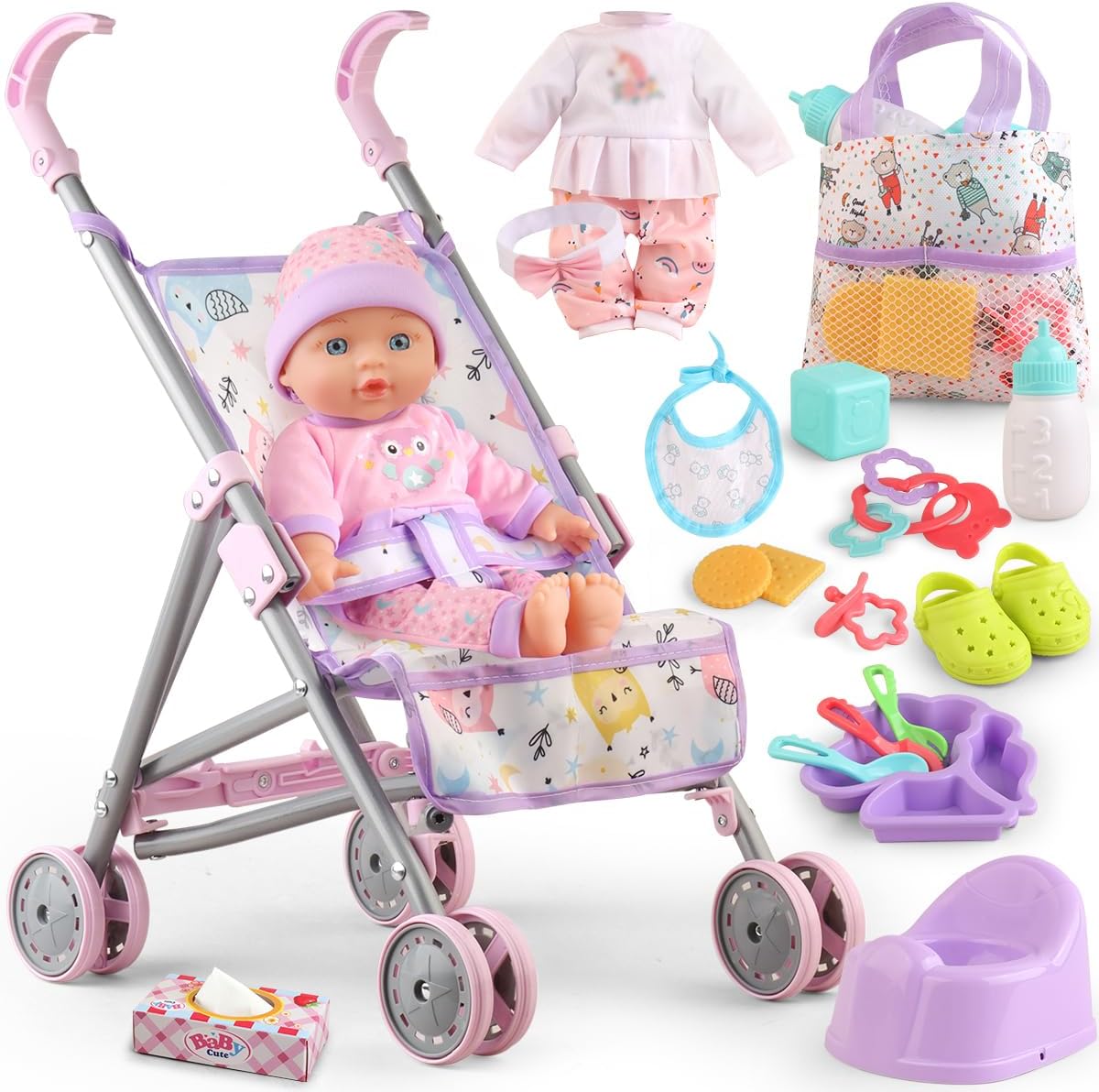 Baby Doll with Stroller Set for Realistic Pretend Play for 3 4 5 6 7 Year Old Toddler Girls Gifts. Baby Stroller Toys includes 12.5-inch Baby Dolls, 2 sets Doll clothes and 17 PCS Doll Accessories
