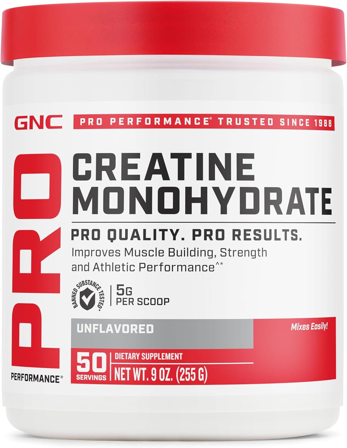 GNC Pro Performance Creatine Monohydrate Powder for Women & Men, 5g Creatine Per Serving, Muscle Building, Energy Production, Endurance, Performance, 50 Servings