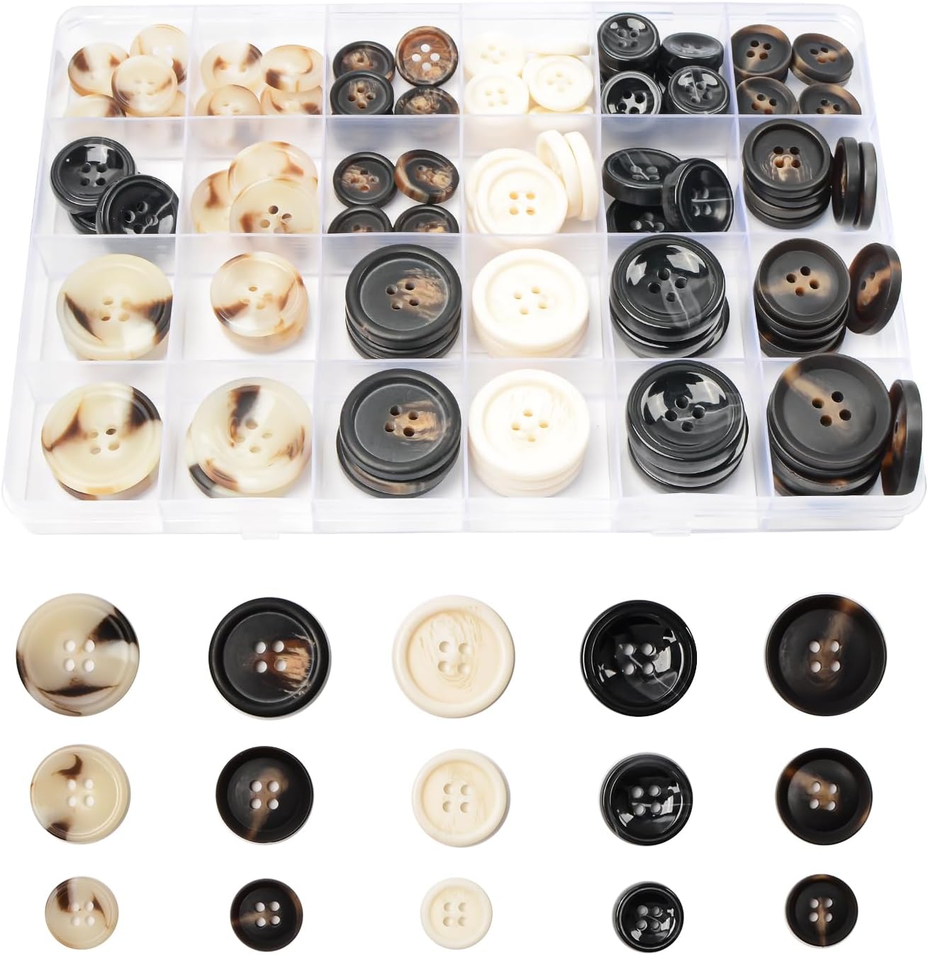 110Pcs Mixed Sewing Buttons, 4-Hole Craft Round Blazer Buttons, 5 Color 3 Size (15mm, 20mm, 25mm) Suit Coats Resin Button, Suitable for Variety Clothing Sewing, DIY Craft (Black & White)
