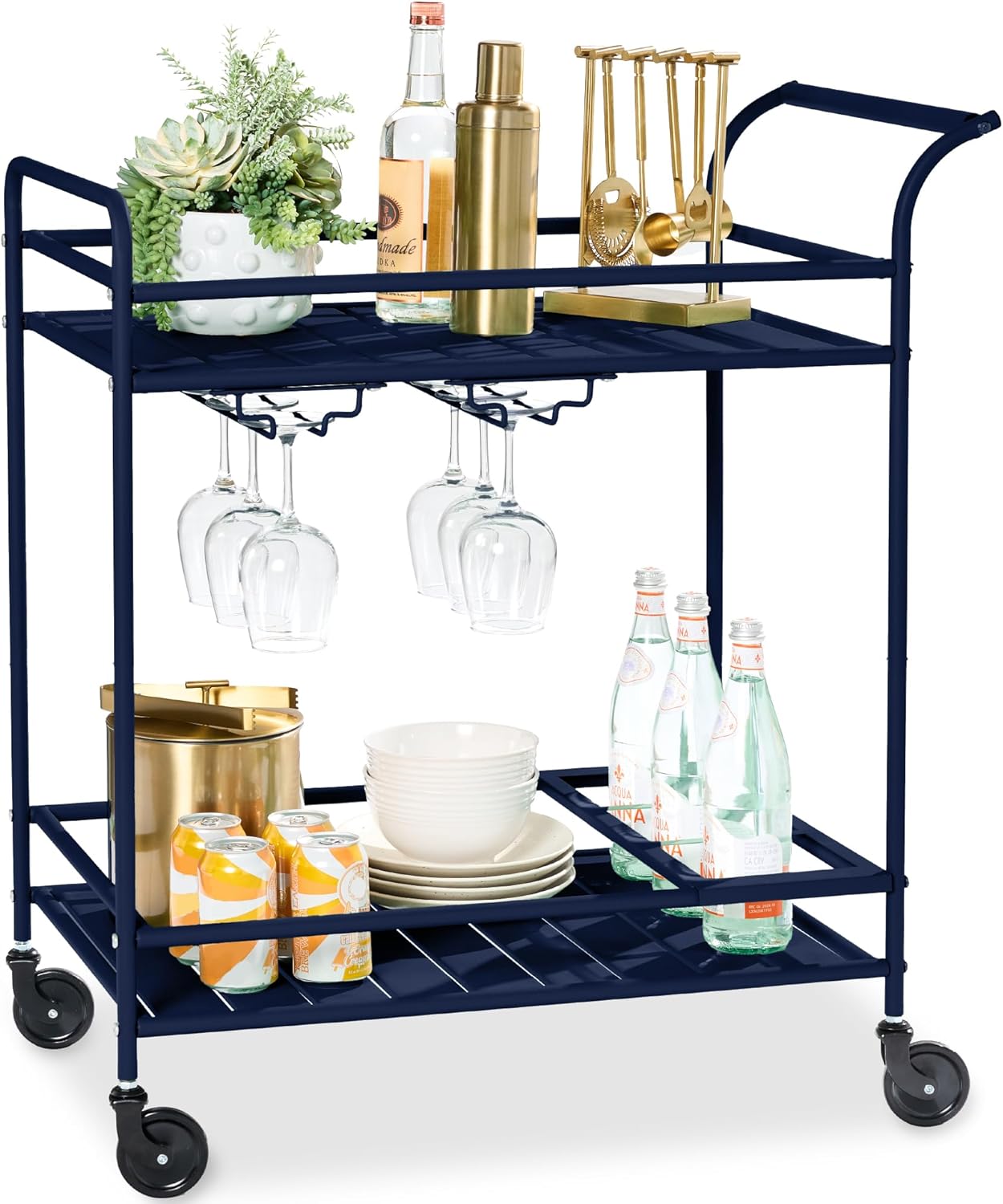Best Choice Products Outdoor Mobile Patio Bar Cart, Home Bar Serving Cart, BBQ Side Table w/ 2 Tier Storage, Wine Rack, Lockable Wheels - Navy