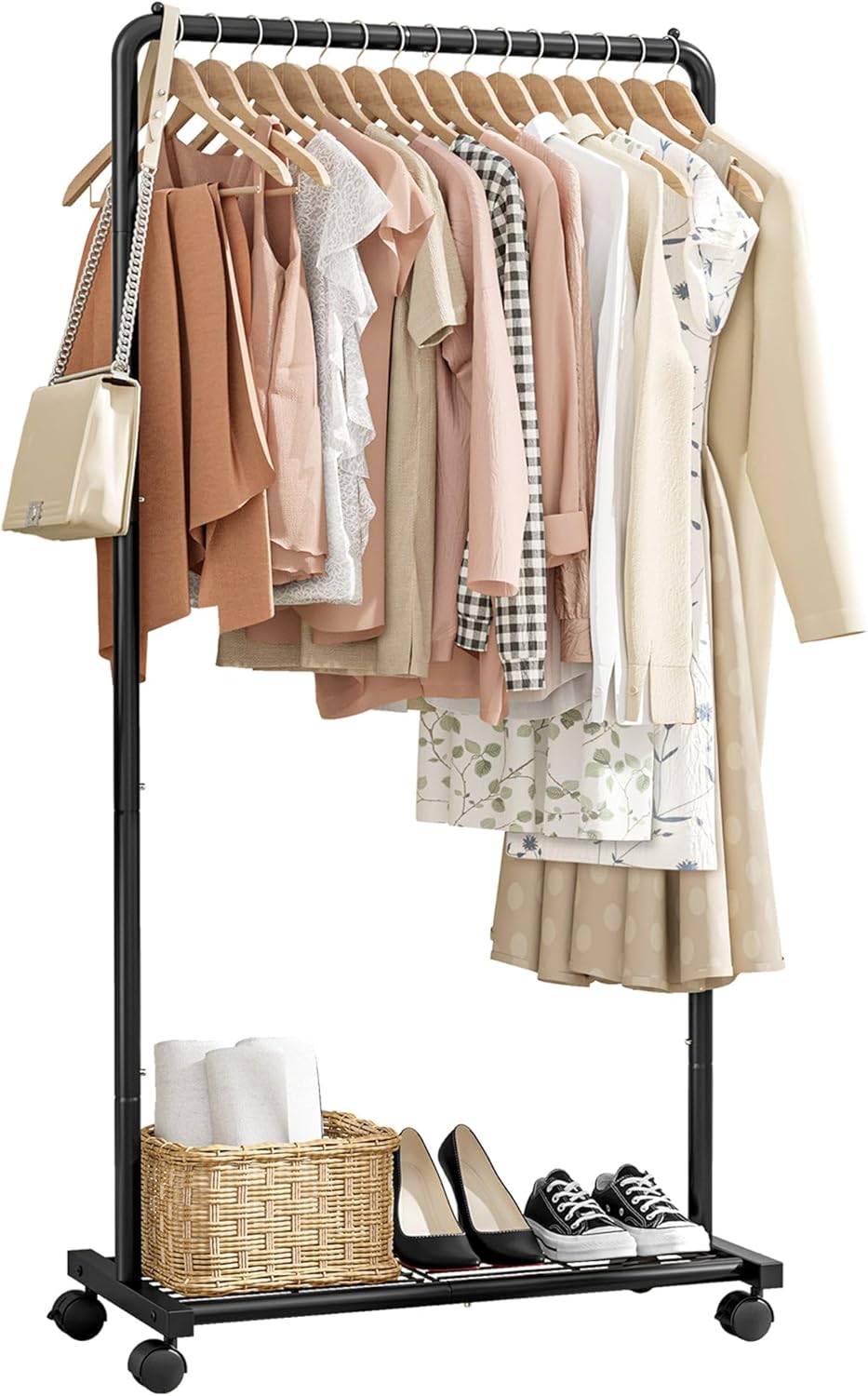 Clothes Rack - Clothing Rack with Storage Mesh Shelf & Casters, Heavy-Duty Metal Clothing Rack for Hanging Clothes, Dresses, Coats, Large Load Capacity, Easy Assembly, Black, 28.0"x14.0"x59.0"