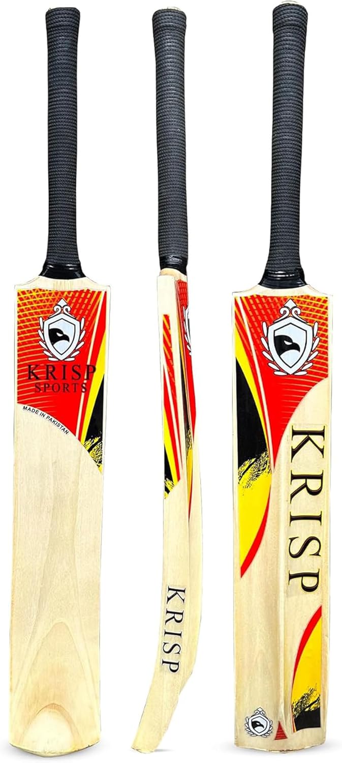 Cricket Bat Kashmir Willow Wooden Handmade Adult Full Size Cane Handle Cricket Bat for Soft Tennis Tape Ball Tournament Practice Indoor Outdoor Cricket Match by Krisp Sports