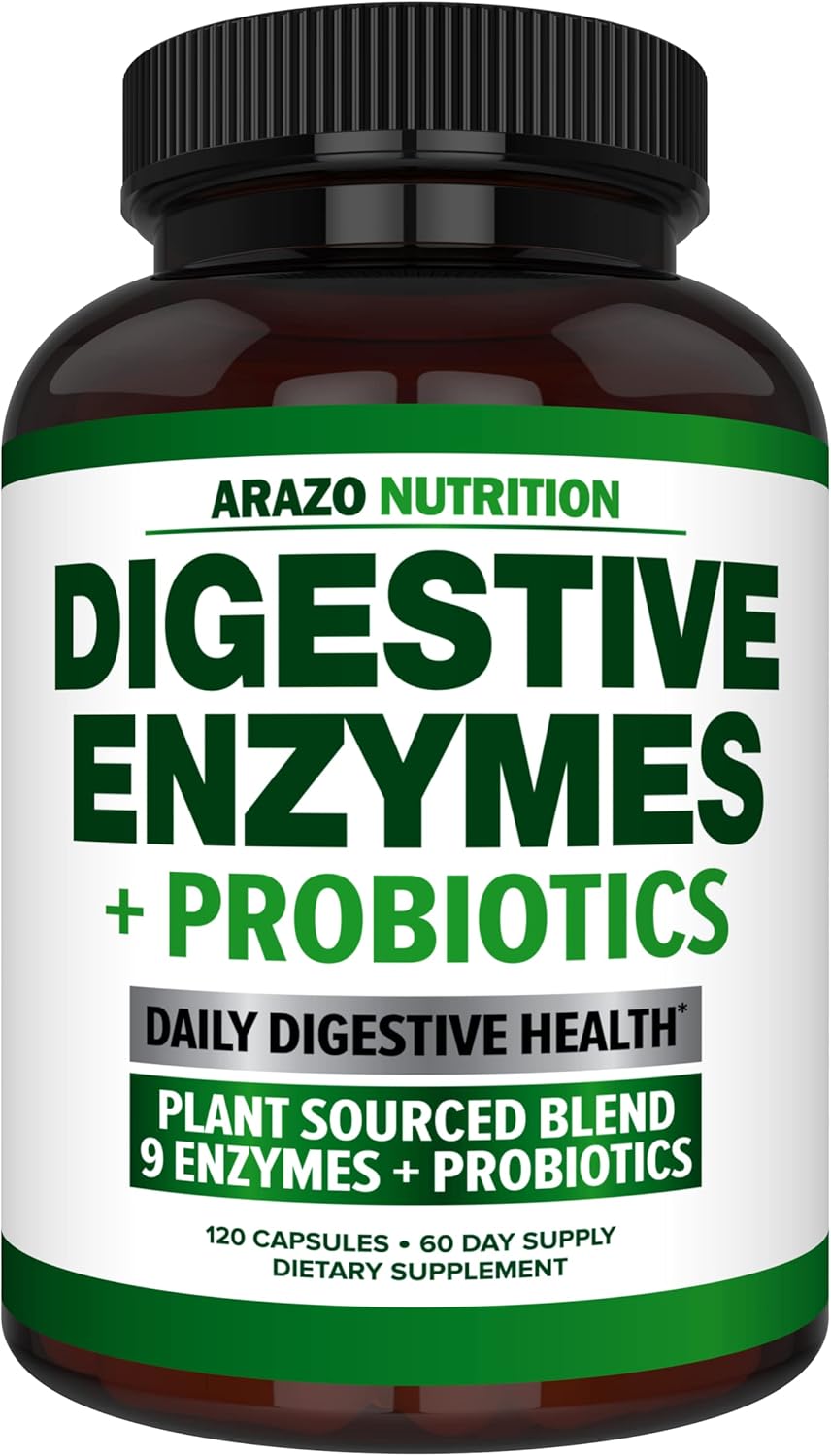 Digestive Enzymes with Probiotics - Multi Enzyme Nutritional Supplement - Acidophilus Bromelain Papaya Papain Lipase & Lactase - Improve Digestion - 120 Pills - Arazo Nutrition