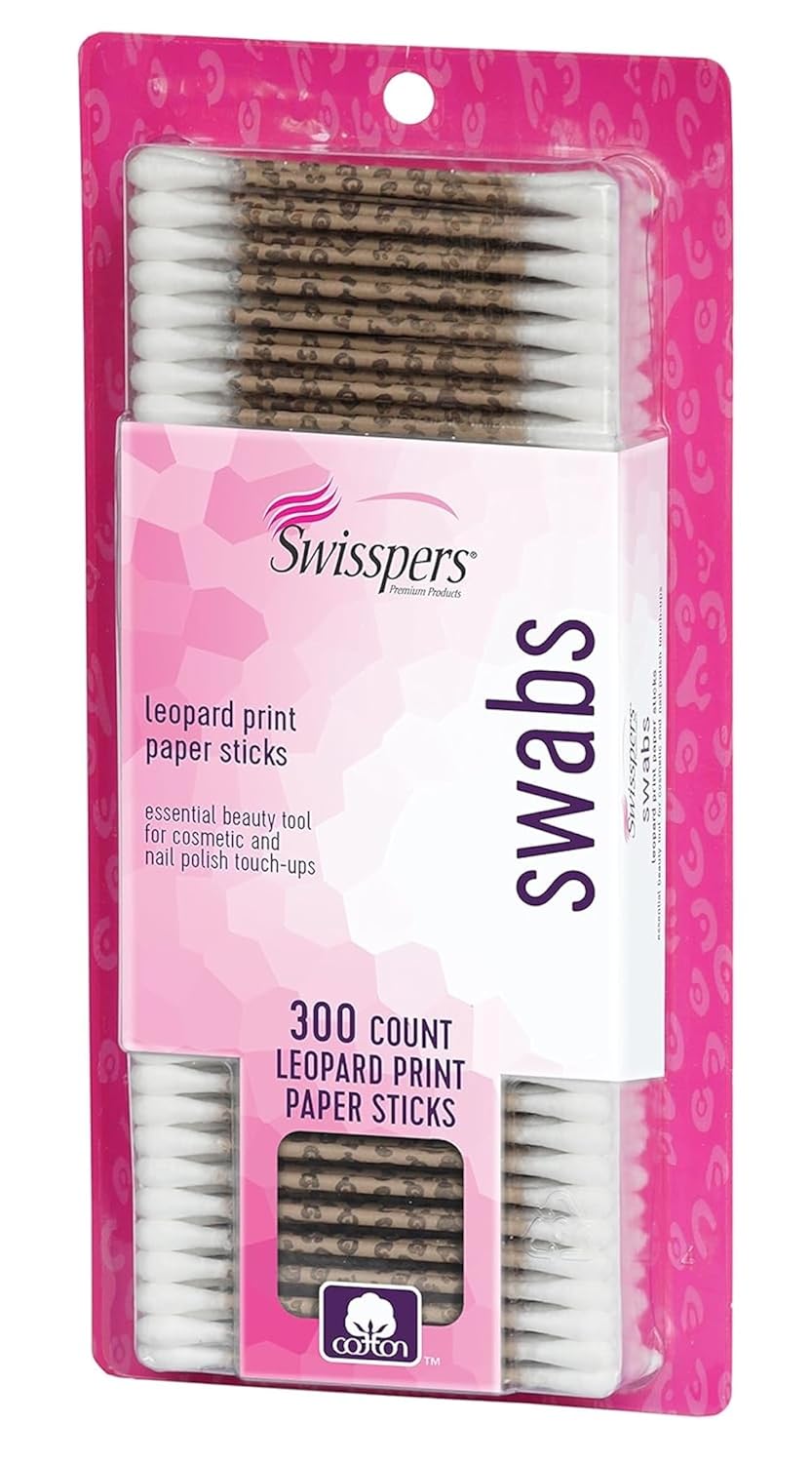Swisspers Premium Leopard Paper Swabs – 300 Count (Pack of 1) – Fun and Stylish Cotton Swabs with Leopard Print Design – 100% Cotton Tips for Beauty and Personal Care