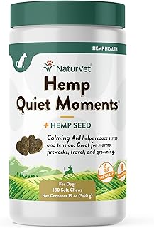 NaturVet Quiet Moments Calming Aid Dog Supplement, Helps Promote Relaxation, Reduce Stress, Storm Anxiety, Motion Sickness for Dogs (Quiet Moments Plus Hemp, 180 Soft Chews)