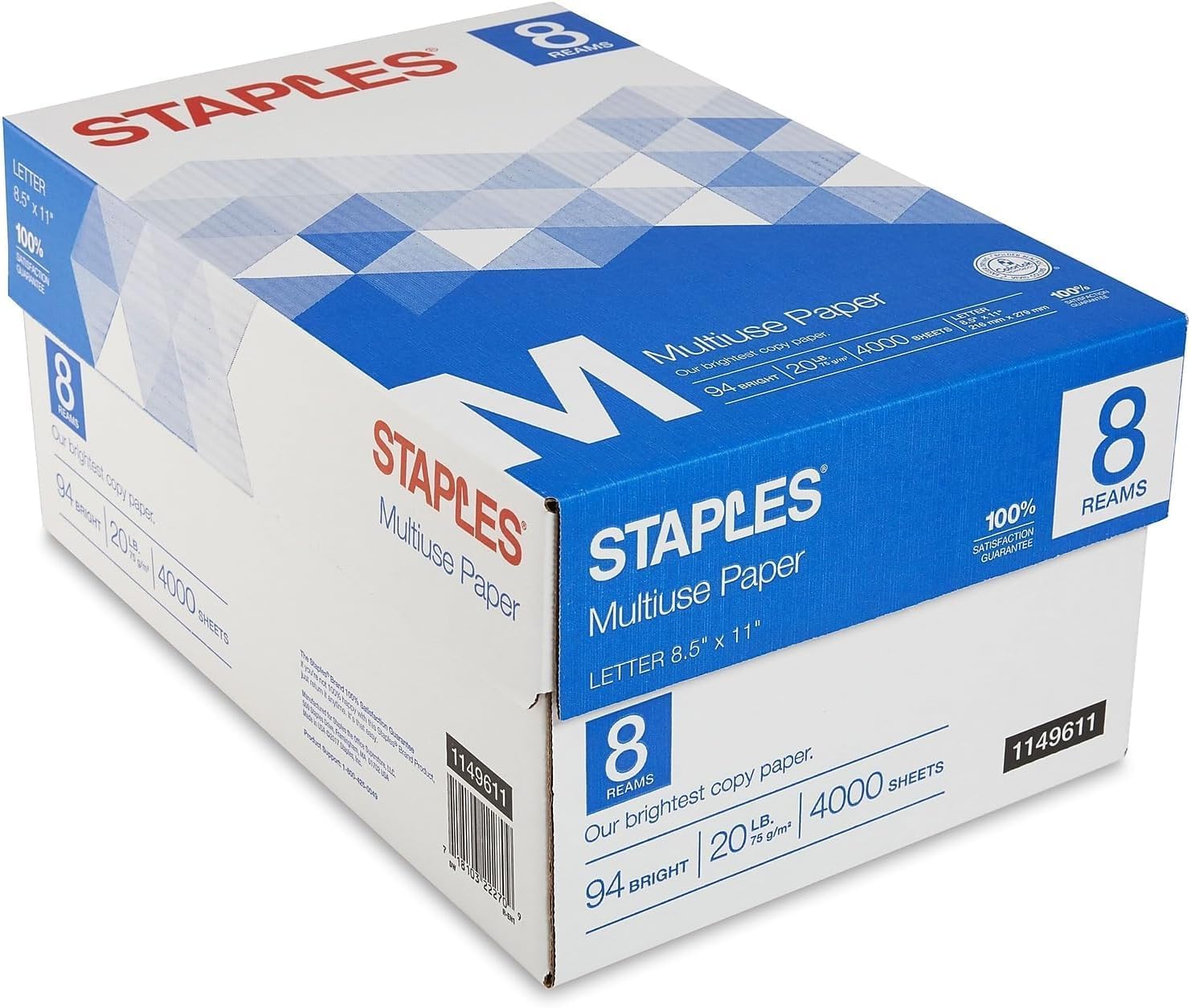 Staples Multipurpose Copy Printer Paper, 20 lb, 8.5 x 11 Inches, 8 Reams (4,000 Sheets), 94 Bright, White