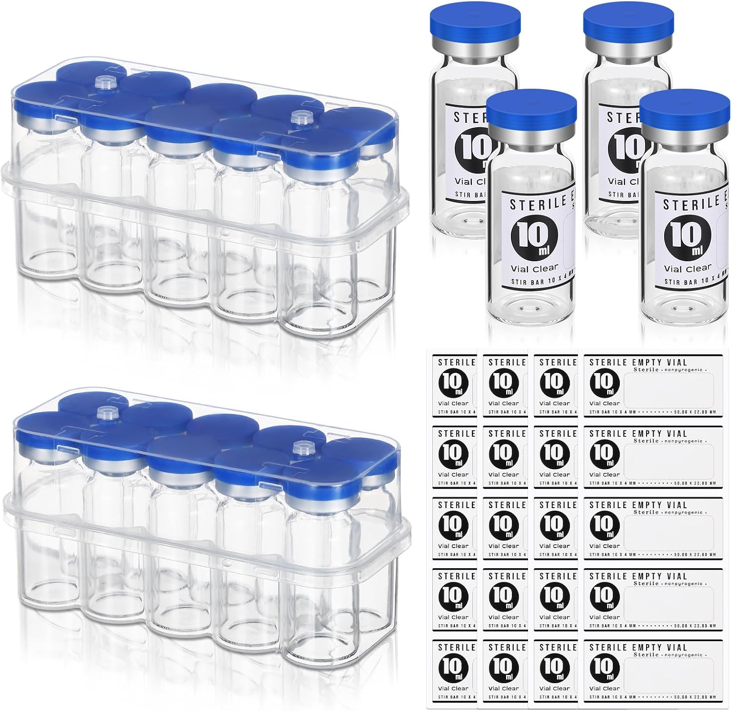 20 Pcs 10ml Sealed Sterile Empty Vials with Self Healing Injection Port Glass Penicillin Bottle with 20 Label Stickers