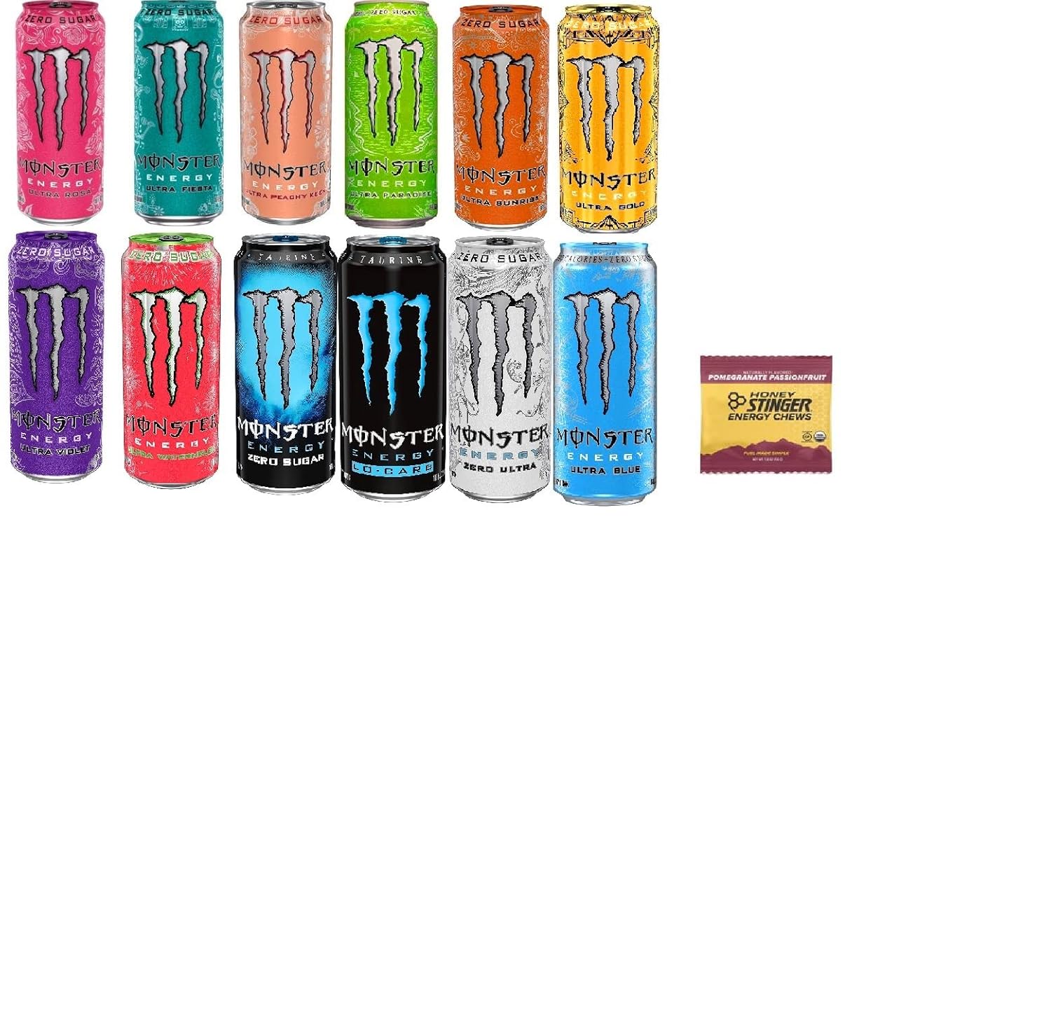 Monster Energy Drink Variety -Low Calorie Pack - 16 ounce (Pack of 12) + Stinger Energy Chews