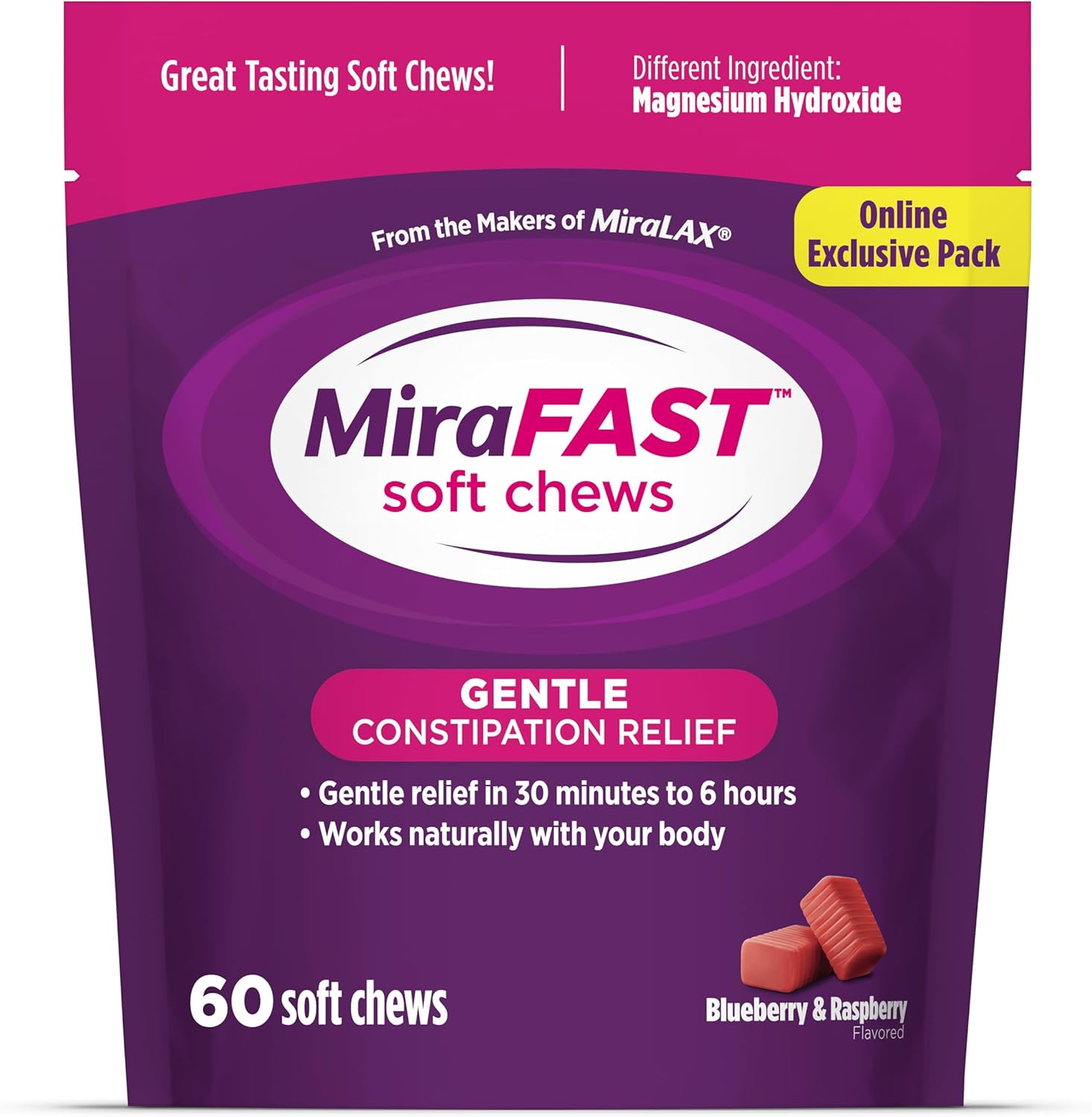 MiraFAST Soft Chews, from The Makers of MiraLAX, Gentle Constipation Relief, Fast Acting, Stimulant Free Saline Laxative, Magnesium Hydroxide, Blueberry & Raspberry Flavor, 60ct