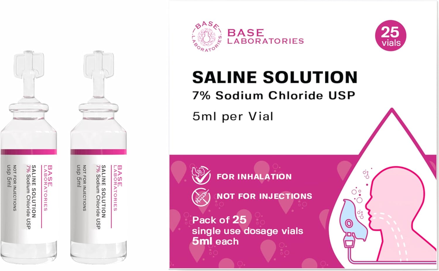 BASE LABORATORIES 7% Saline Solution for Nebulizer Machine | Saline Solution for Inhalation & Nasal Irrigation | High 7% Concentration l 25 Vials 5ml Unit Dose