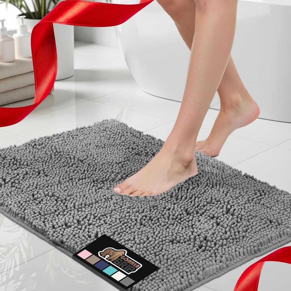 Gorilla Grip Chenille Bath Rug Mat, 43 x 61 cm (Rectangular), Grey