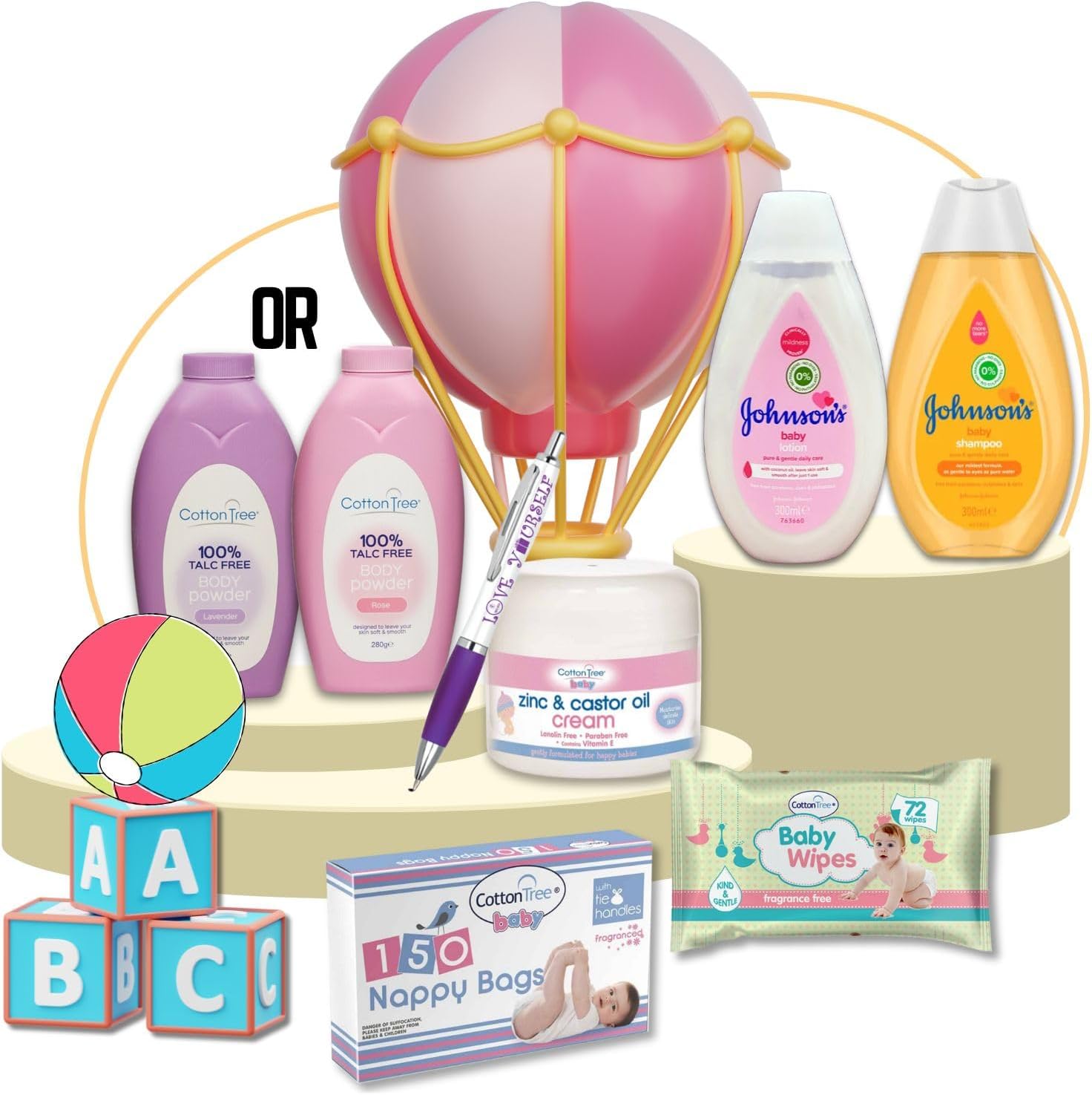 Baby Essentials for Newborn | Baby Bath Set with Shampoo and Lotion, Cotton Tree Baby Wipes, Nappy Bags, Cream, Baby Powder | 7pc Baby Skin Care Kit with Sinta Gifts Pen