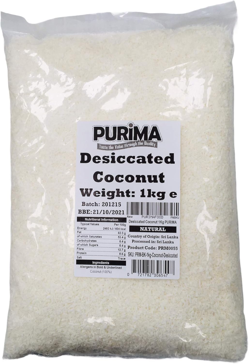Desiccated Coconut 1kg Natural Shredded Raw Dried Flakes Desicated Dry Grated Flesh Untoasted Unsweetened Dessicated – for Baking Cooking Desserts Cakes – Non GMO & Vegan (Packaging May Vary) PURIMA