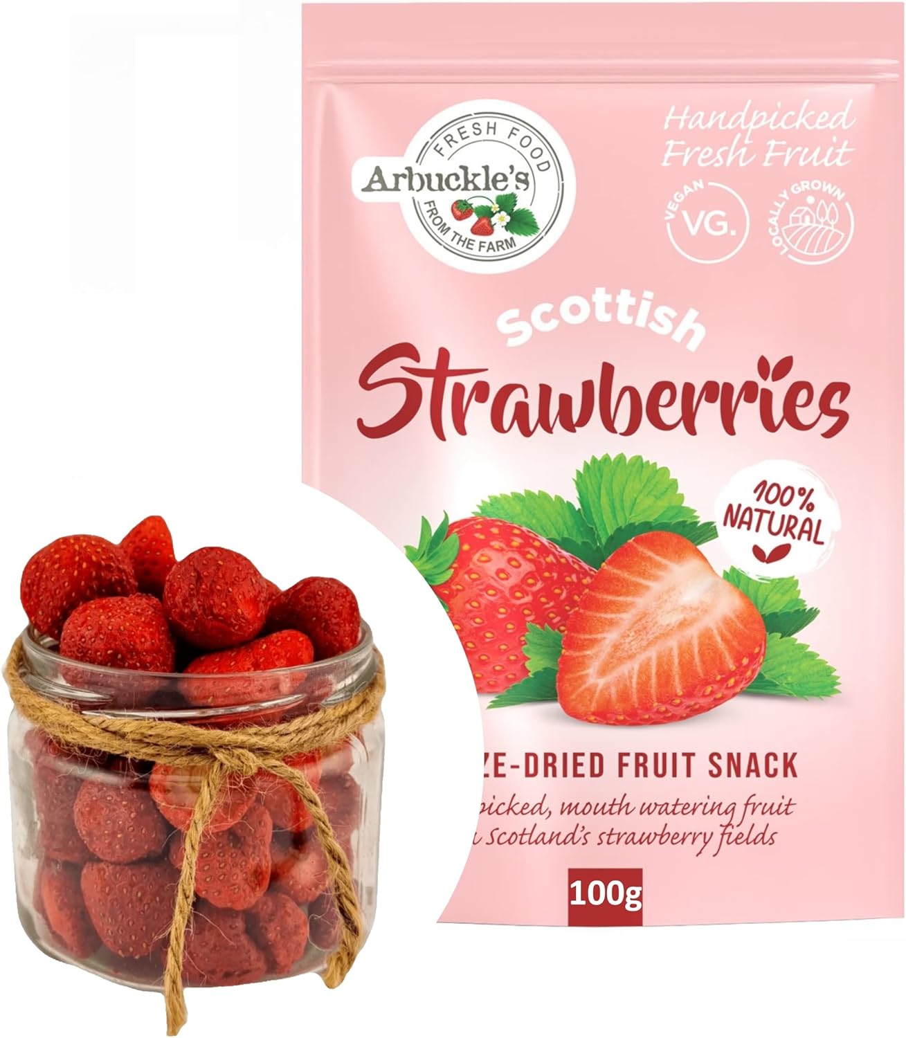 100g Arbuckle's Freeze Dried Strawberry Direct from UK Farm Shop Whole Fruit Snack Nutritious and Healthy Strawberries, Natural, for Baking, Breakfast Cereal Topper, Yogurt, Cake Decorations