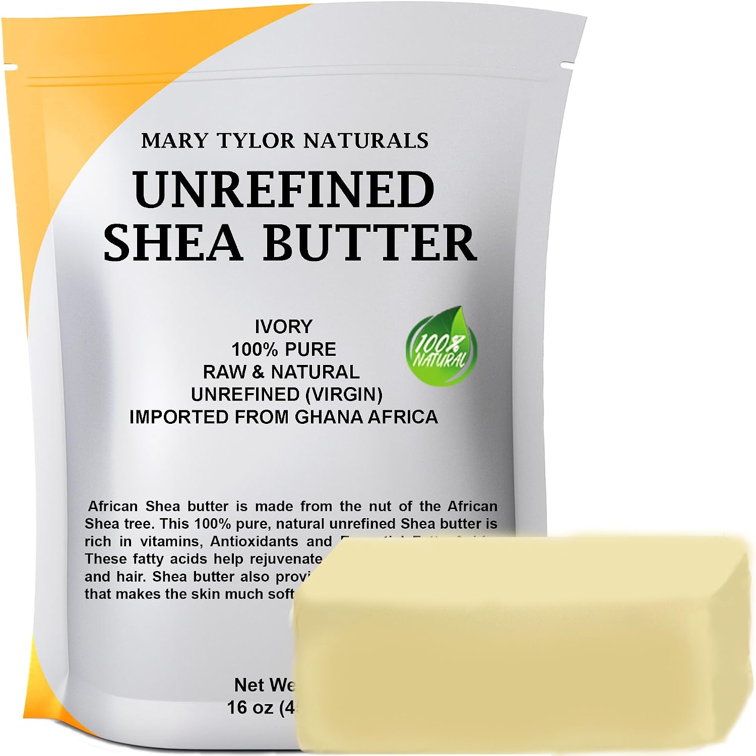 Mary Tylor Naturals Pure Shea Butter 1 lb Raw, Unrefined, Ivory From Ghana Africa — Great for Hair, Skin and all your DIY Projects