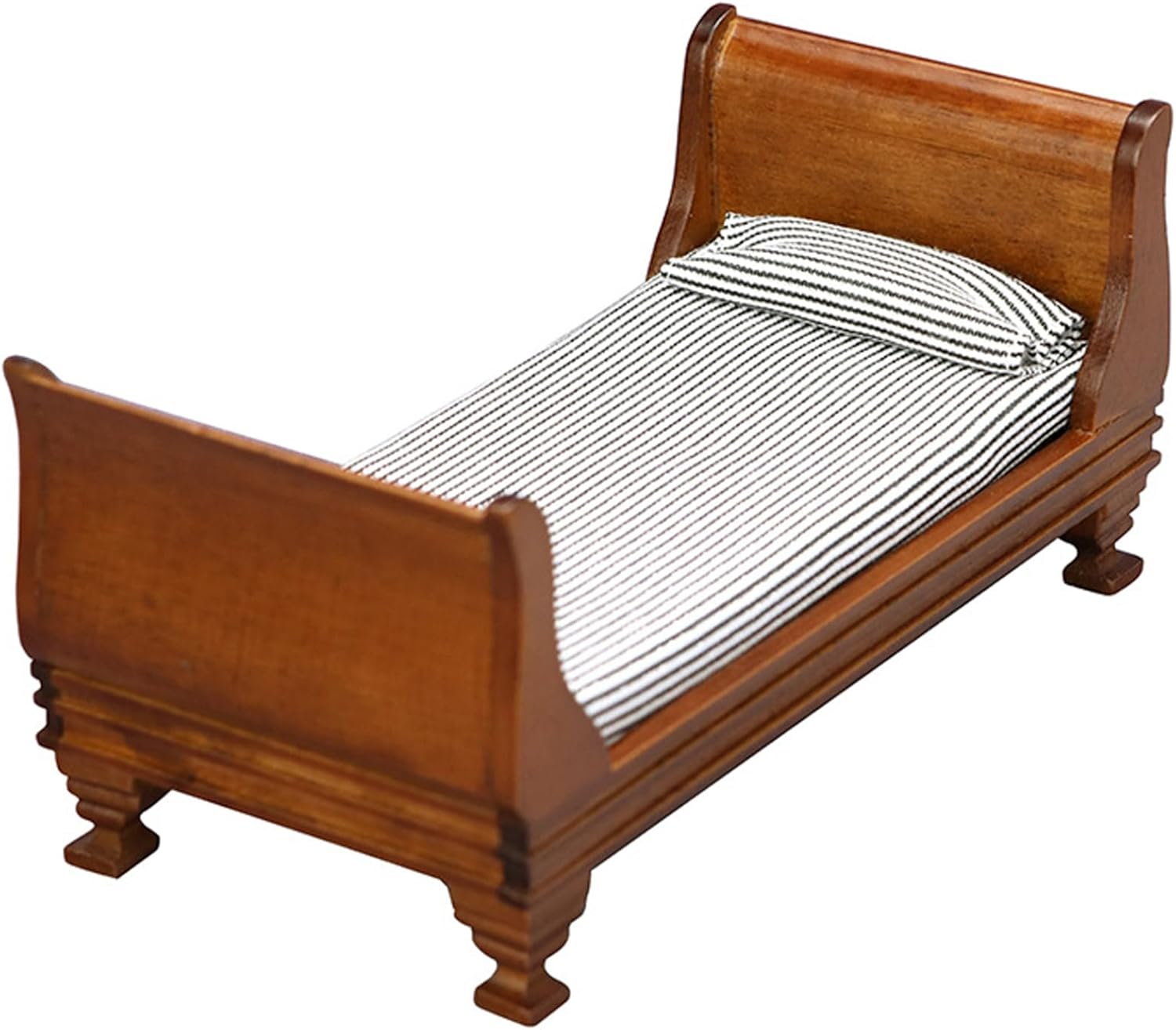 MOUNTTU Dollhouse Bed, 1:12 Scale Vintage Single Doll Bed with Mattress & Pillow, 6x3x3 Inch Wooden Dollhouse Furniture, DIY Friendly Miniatures for Scene Accessories Doll