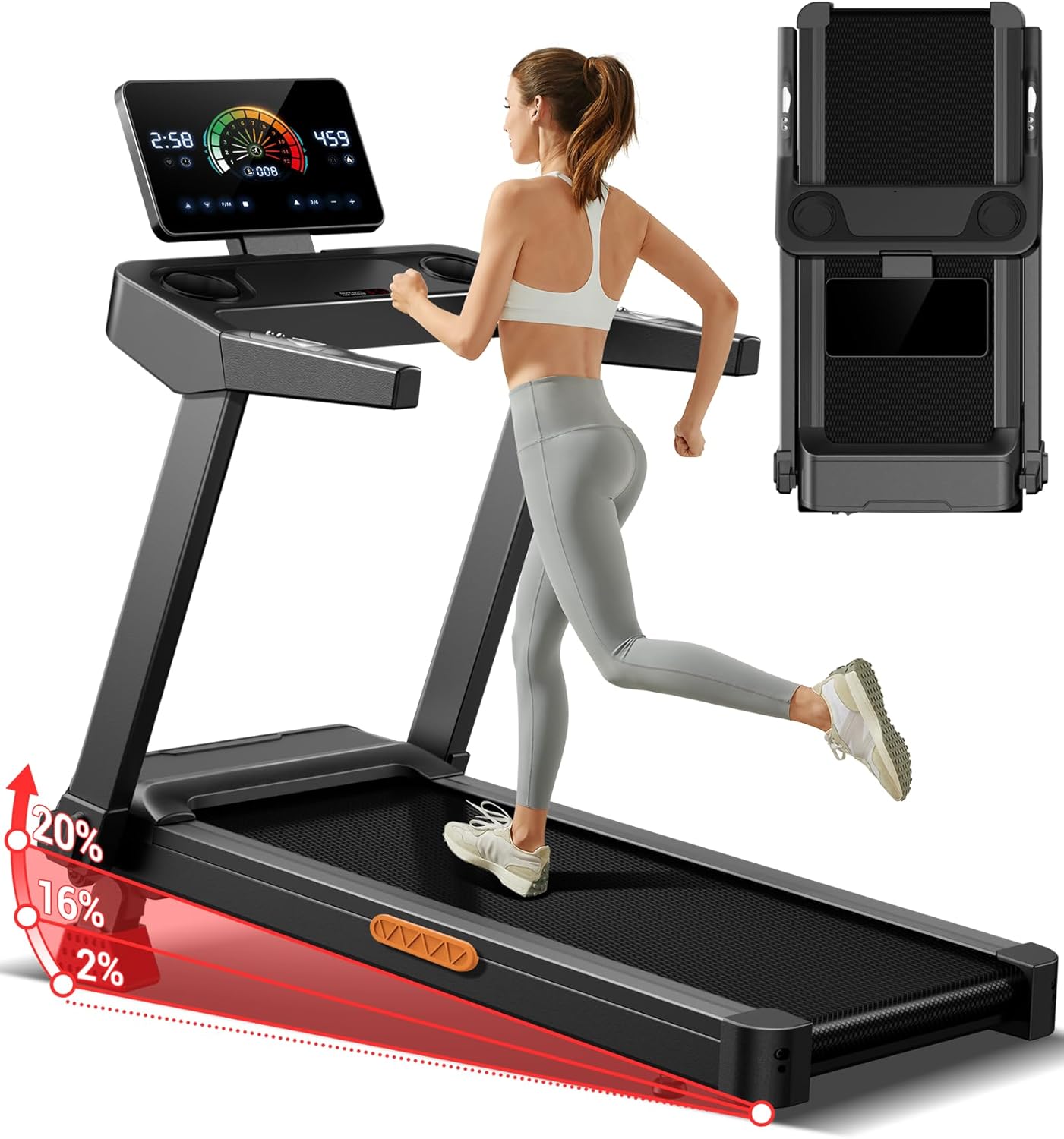 UMAY Fitness Treadmill with 3-Level Incline, Treadmills for Home Auto Folding with Pulse Sensors, 300 LBS Capacity, 3.0HP Quiet Brushless, Max 8.7 MPH (Treadmill with handrail)