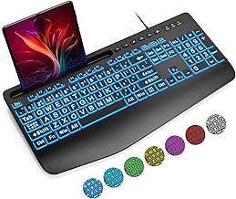 SABLUTE Large Print Backlit Computer Keyboards, Wired Lighted USB Keyboards with 7-Color Backlit, Wrist Rest, Phone Holder, Easy to Read and Type for Laptop, PC, Windows, Desktop