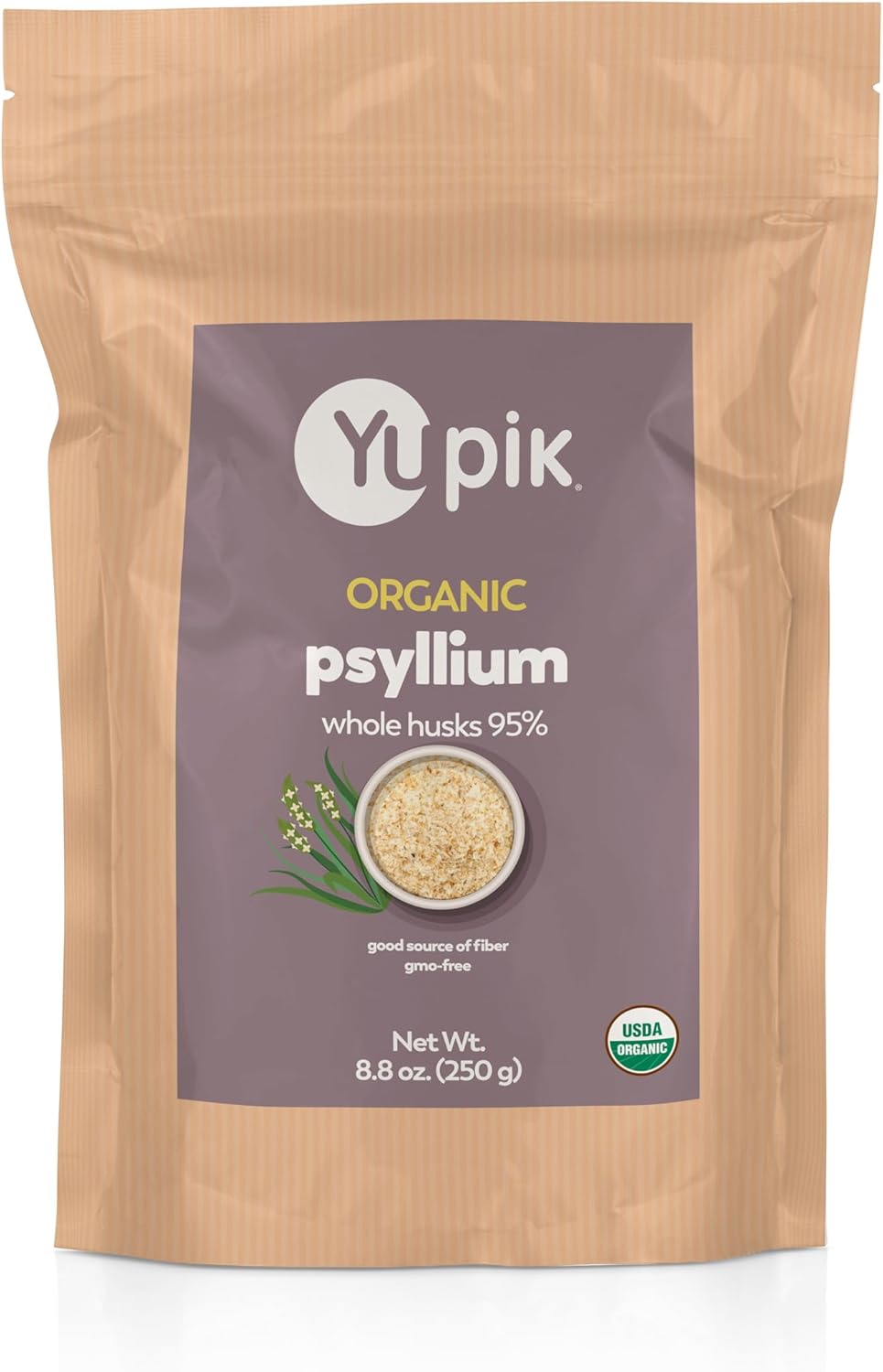 Yupik Organic Whole Husk Psyllium, 8.8 Oz, 95% Purity, USDA Certified, Non-GMO, Kosher, Gluten-Free, Sugar-Free & Fat-Free, Unflavored, Plant-Based, High Fiber Superfood for Oatmeal, Granola & Cereal