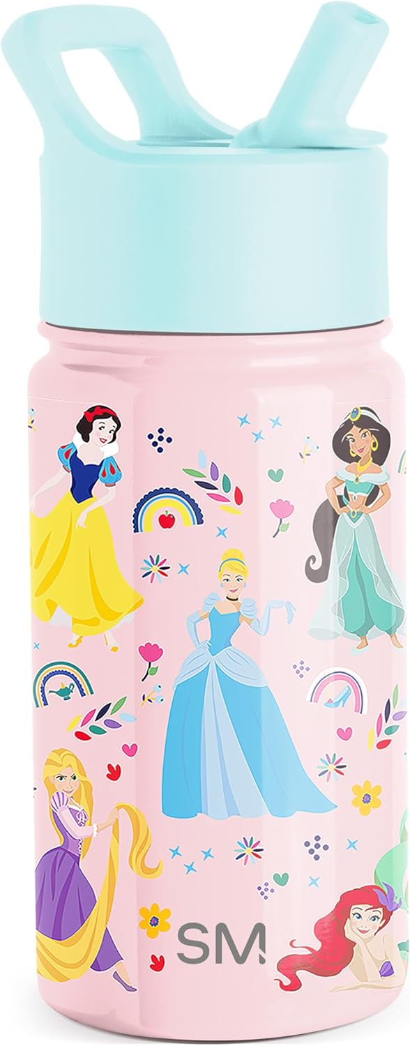 Simple Modern Kids Summit Water Bottle with Straw Lid | Disney Princess 14oz Stainless Steel Cup Insulated Tumbler for Girls, School | Princess Rainbows