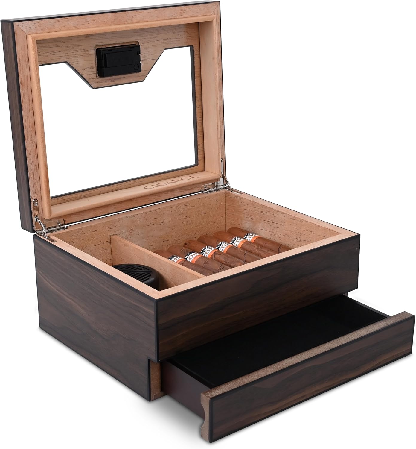 Volenx Cigar Humidor, Handmade Cigar Humidor with Hygrometer and Humidifier, Cedar Wood Humidor Accessory with Drawer for 25-30 Cigars (brown)