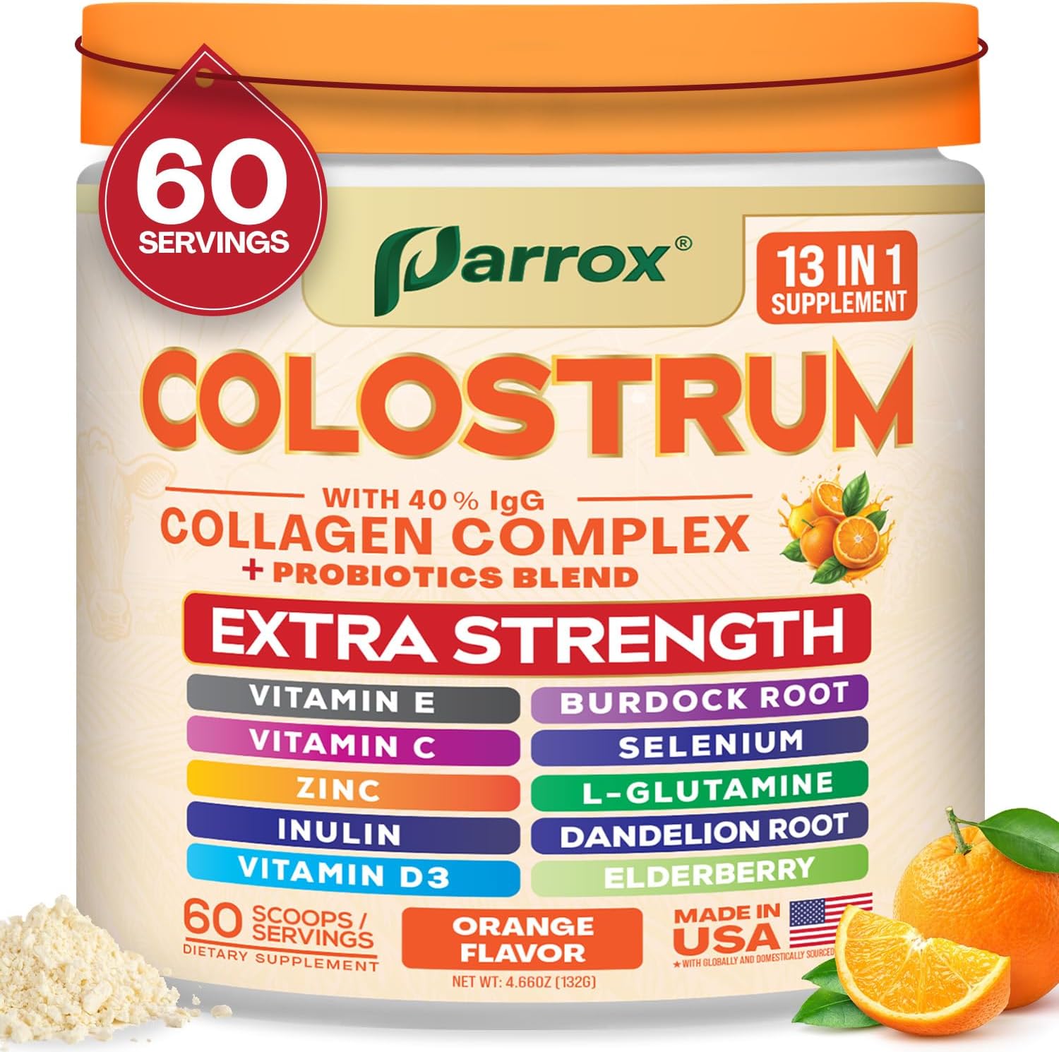 Colostrum Powder with 40% IgG, Collagen, Probiotics, Burdock Root, L-Glutamine, Elderberry, Vitamin C, Vitamin E, Vitamin D3, Inulin, Selenium, Dandelion Root, Zinc, 60 Servings (Orange)