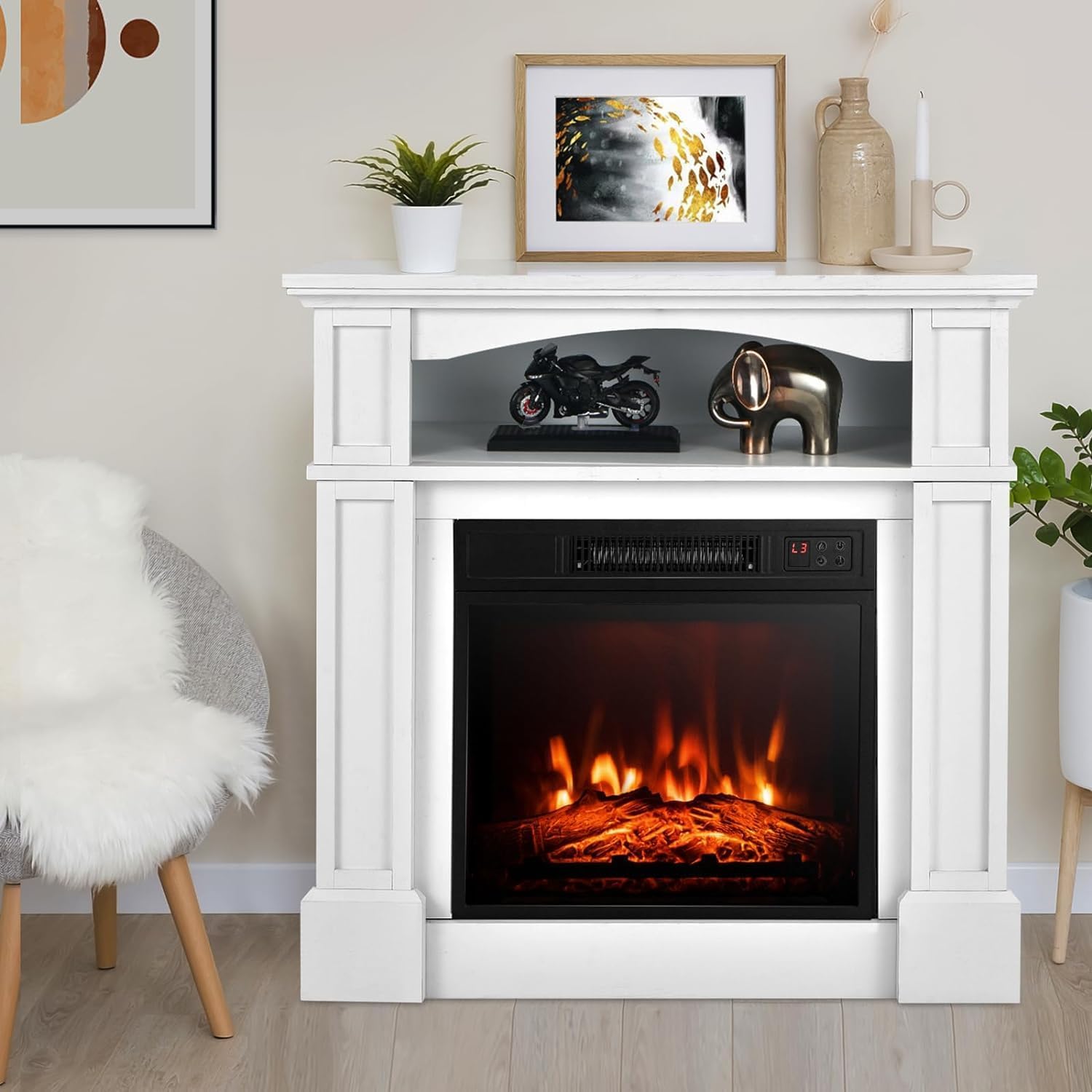 Electric Fireplace with Mantel, 32’’ Freestanding Fireplace Realistic Flame with Thermostat, 3 Brightness & Remote Control, Electric Fireplace Heater with Temperature Control & Timer (White)