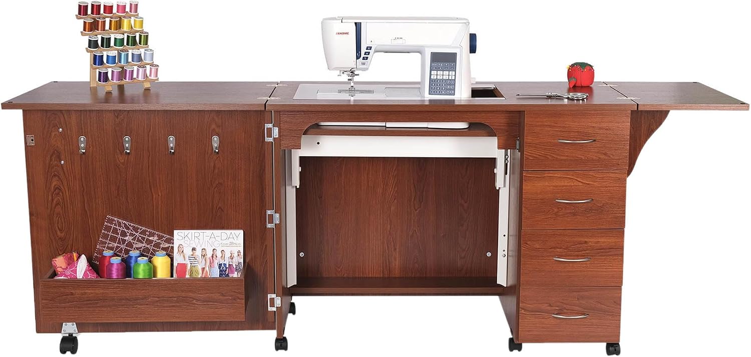 Arrow Classic Sewing Furniture Harriet Full-Size Sewing Cabinet with Hydraulic Machine Lift, Drawers, Expandable Leaves, Locking Wheels - Teak