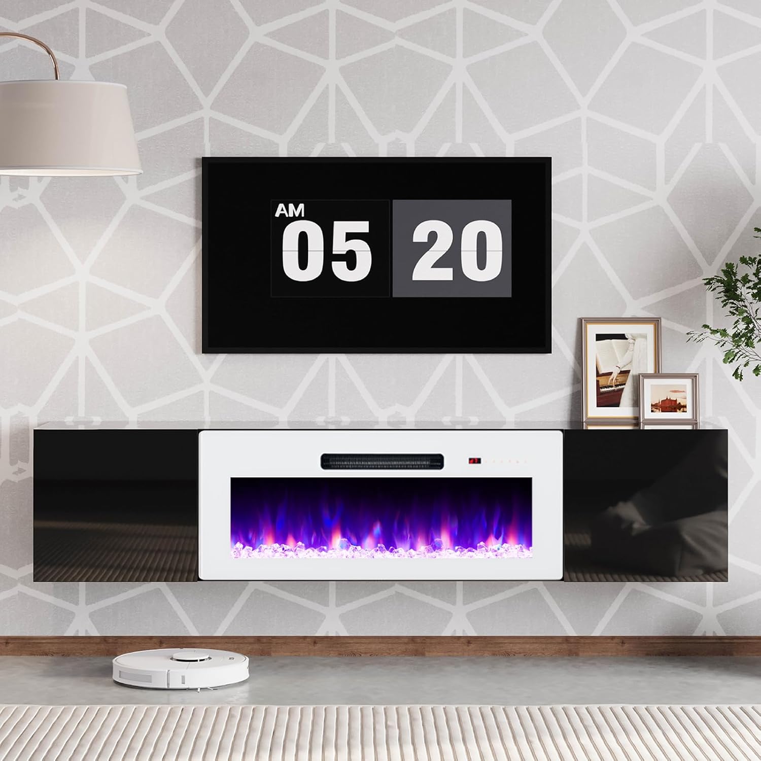 AMERLIFE Floating TV Stand with 36" Electric Fireplace, High Gloss Finish Wall Mounted Fireplace Entertainment Center with Storage for TVs Up to 78", Black/White