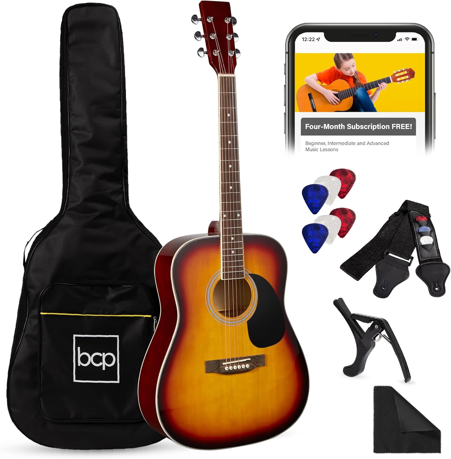 Best Choice Products 41in Full Size Beginner All Wood Acoustic Guitar Starter Set w/Gig Bag, Strap, Capo, Strings, Picks - Sunburst