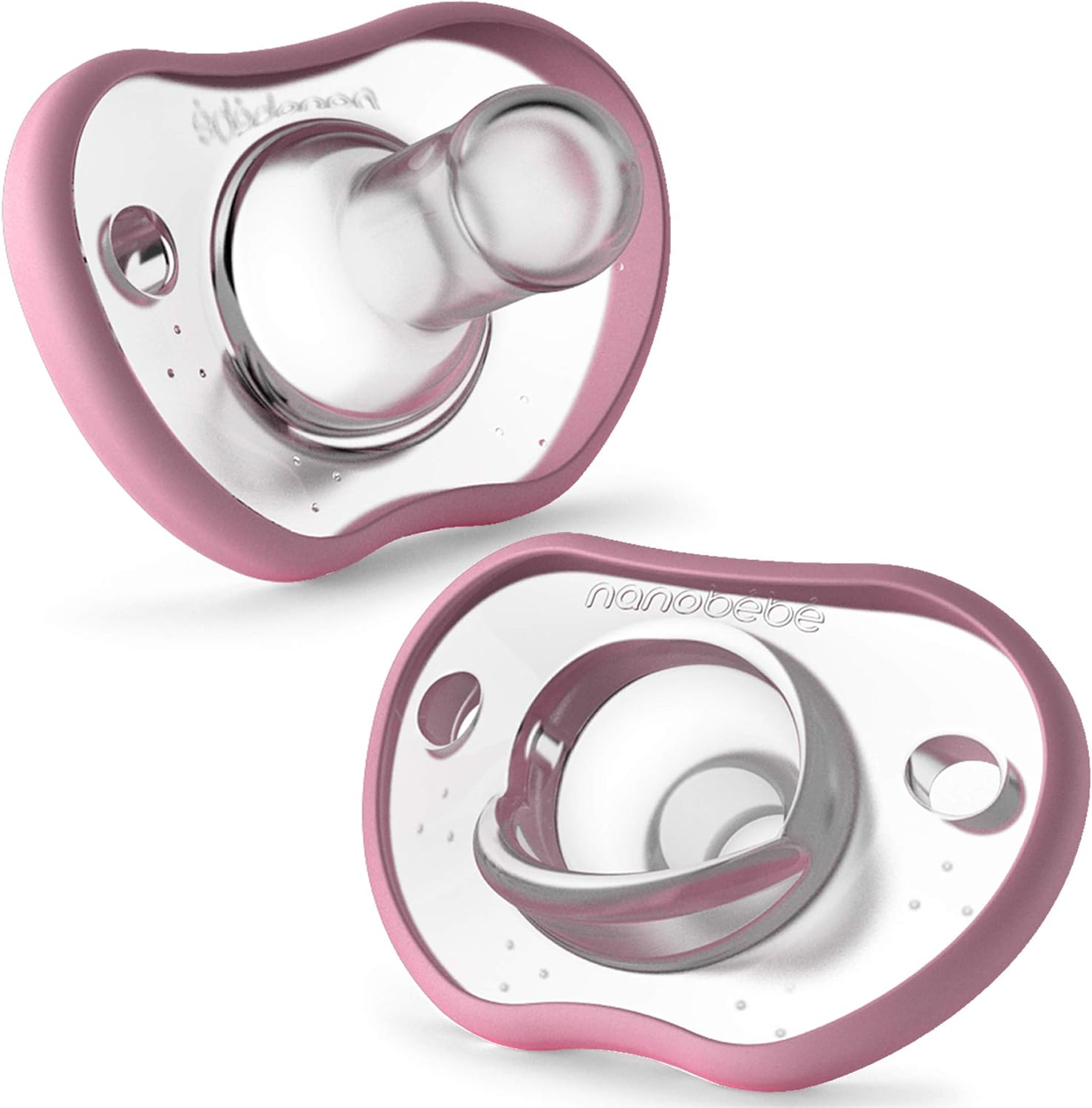 Nanobebe Baby Soothers 0-3 Month - Orthodontic, Curves Comfortably with Face Contour, Award Winning for Breastfeeding Babies, 100% Silicone - BPA Free. Perfect Baby Gift 2pk,Pink