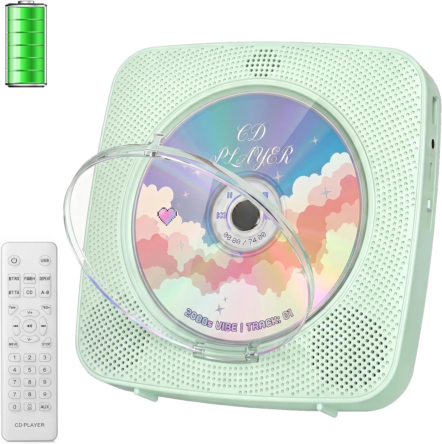 Gueray Desktop CD Player Bluetooth CD Players with Speakers for Home 1800mAh Rechargeable Battery Portable CD Player with AUX USB Headphone Jack FM Radio with LCD Display for Kids Gift (Green)