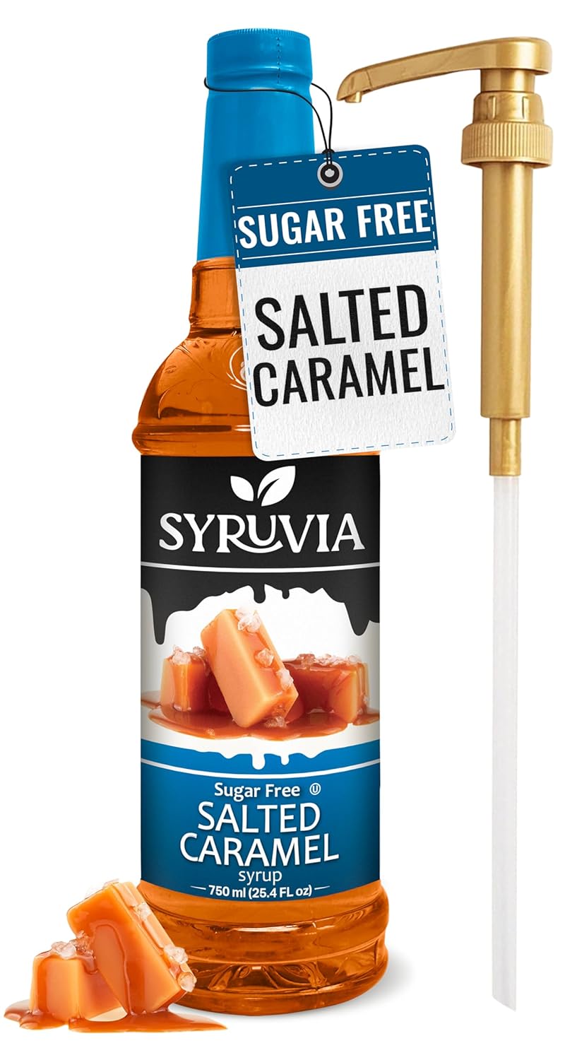 Syruvia Sugar Free Salted Caramel Syrup With Syrup Pump Dispenser – Salted Caramel Coffee Syrup Flavor, 25.4 fl oz, Kosher, Gluten Free, Perfect for Coffee, Drinks, Soda, Desserts, and More,