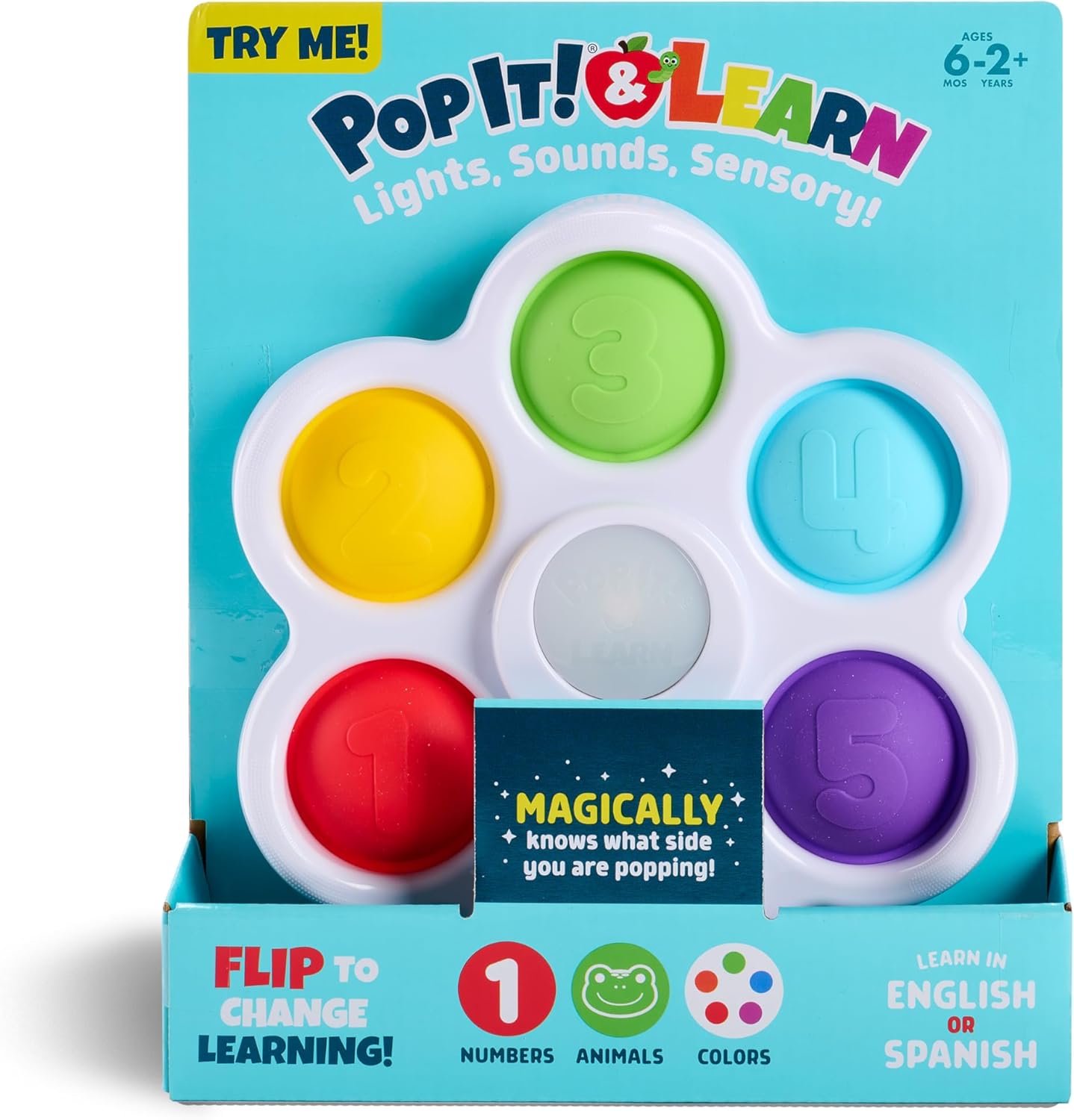 Chuckle & Roar - Pop It! and Learn - Educational and Electronic Popping Toy - Learn Numbers & Letters in Spanish or English - Great for Ages 6 Months to 2 Years